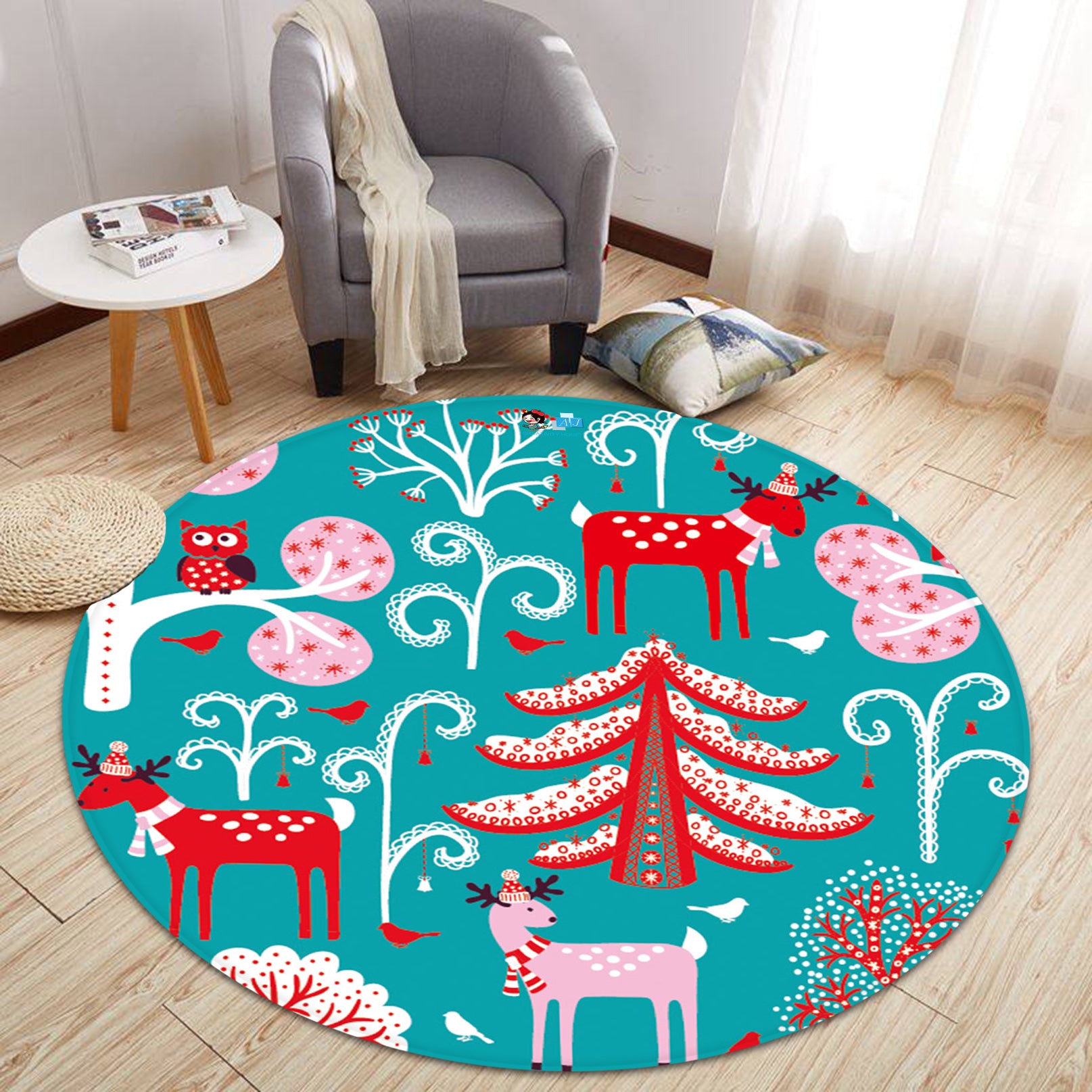 3D Tree Deer Pattern 66003 Christmas Round Non Slip Rug Mat Xmas
