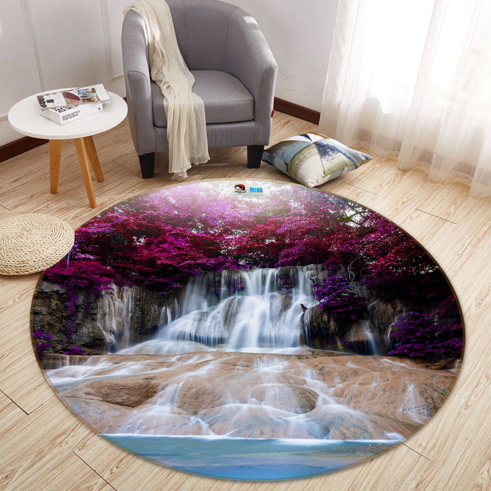 3D Flower Waterfall 69187 Round Non Slip Rug Mat