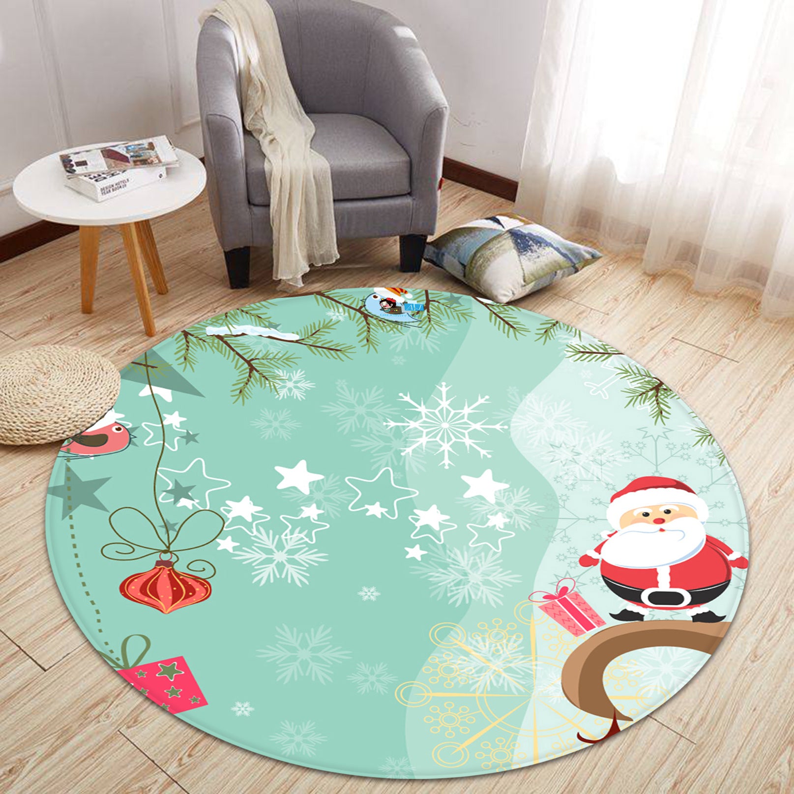 3D Snowflake Santa 66023 Christmas Round Non Slip Rug Mat Xmas