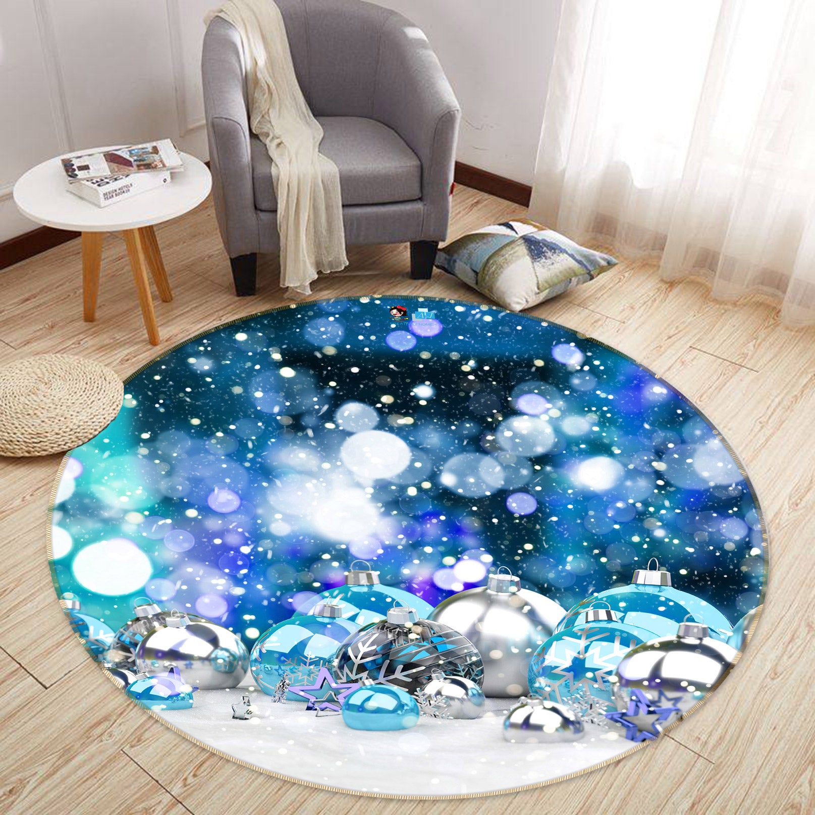 3D Blue Silver Ball 54046 Christmas Round Non Slip Rug Mat Xmas