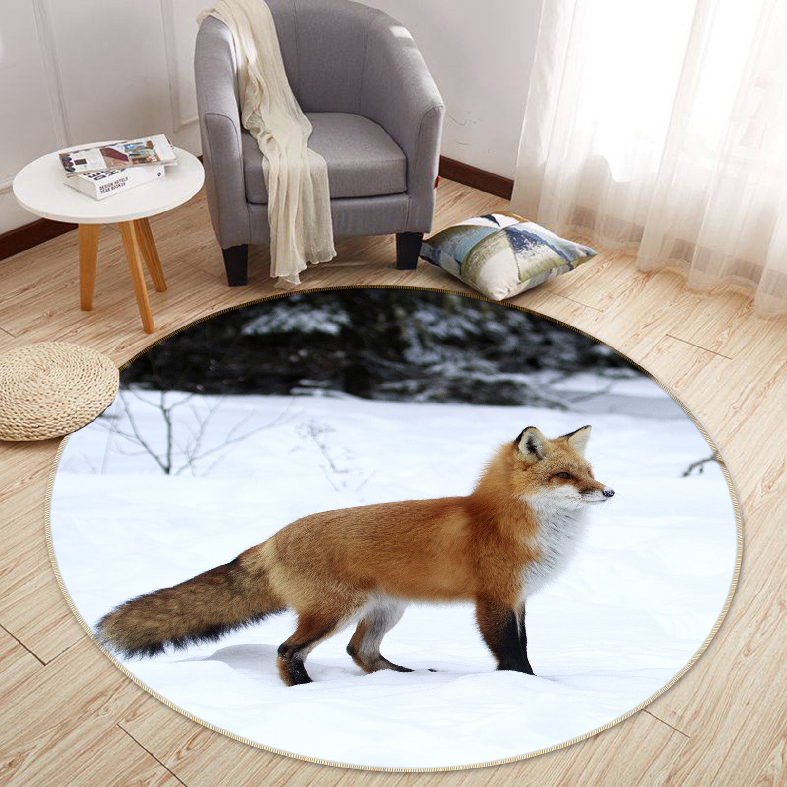 3D Fox Snowfield 38003 Animal Round Non Slip Rug Mat