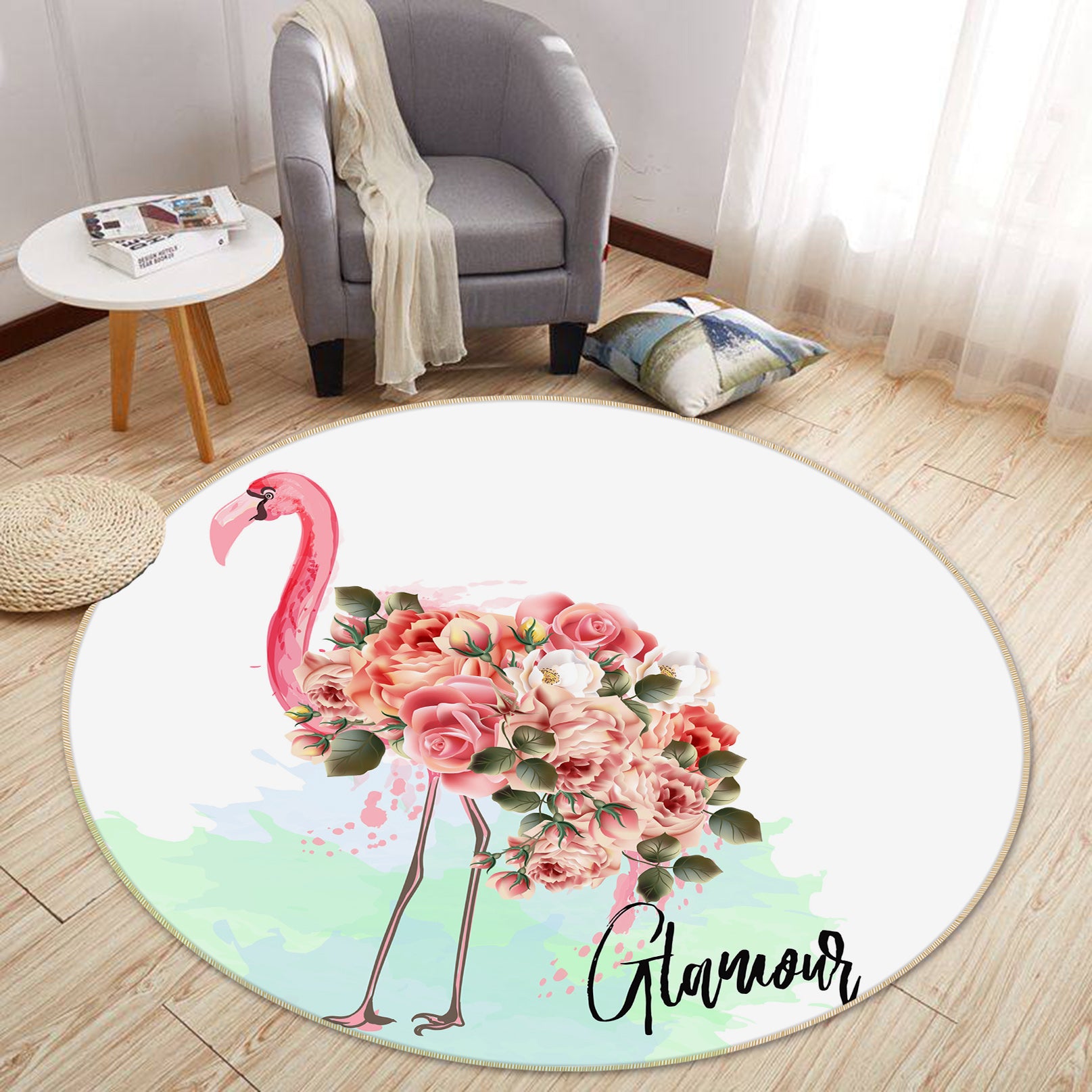 3D Flower Flamingo 29067 Round Non Slip Rug Mat