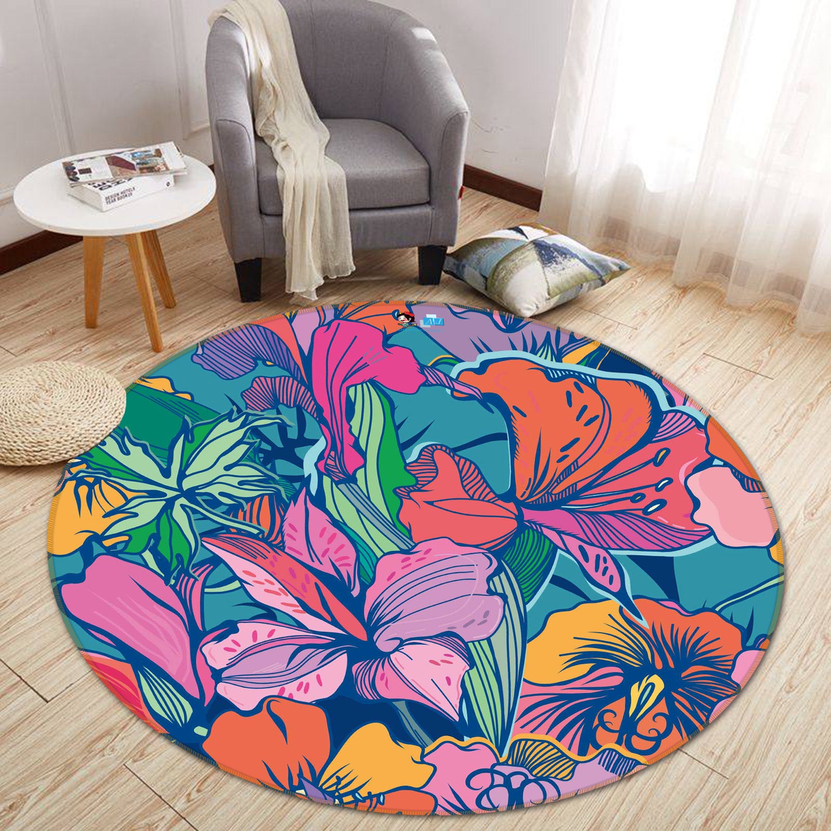 3D Colored Flowers 64119 Round Non Slip Rug Mat
