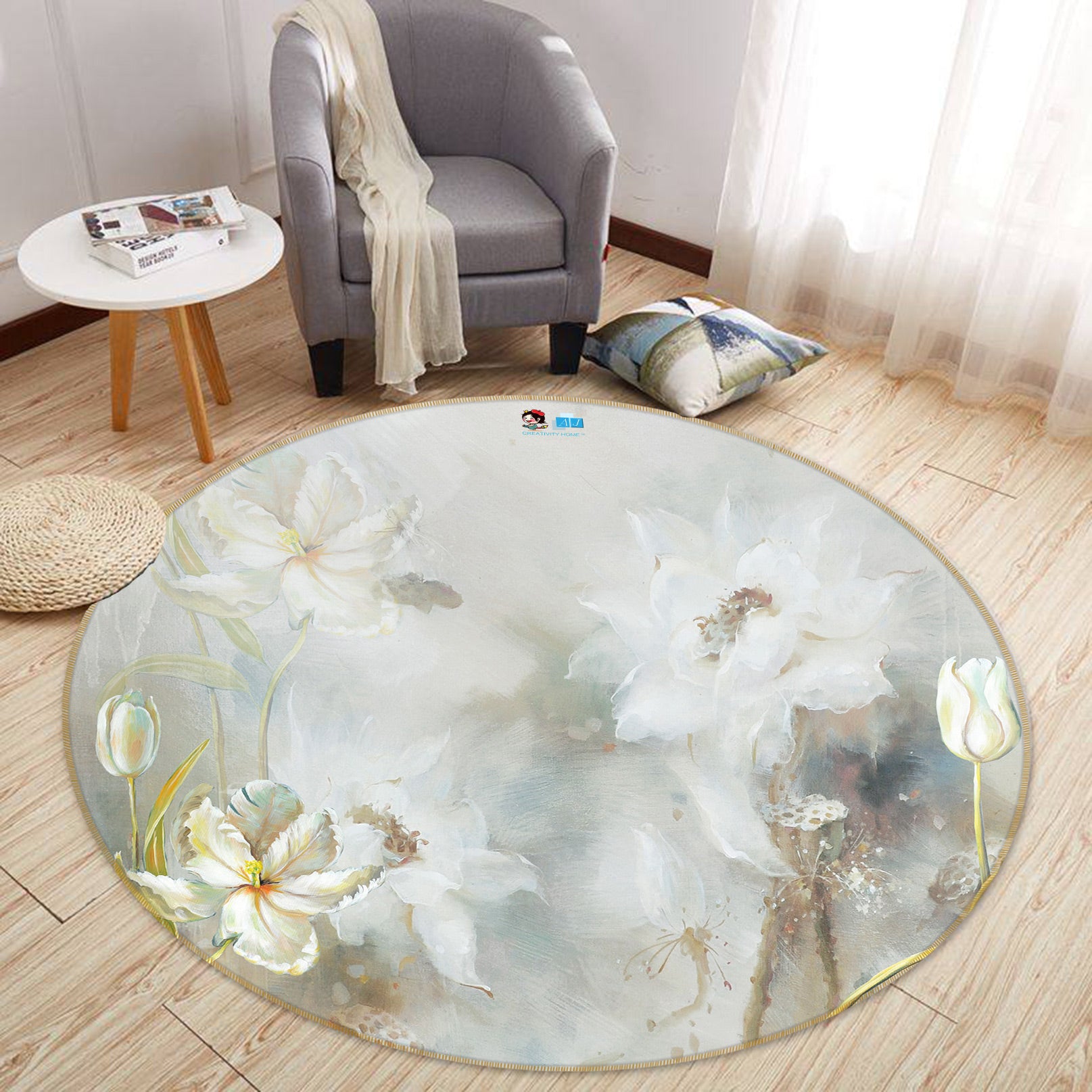 3D White Flowers 80288 Round Non Slip Rug Mat