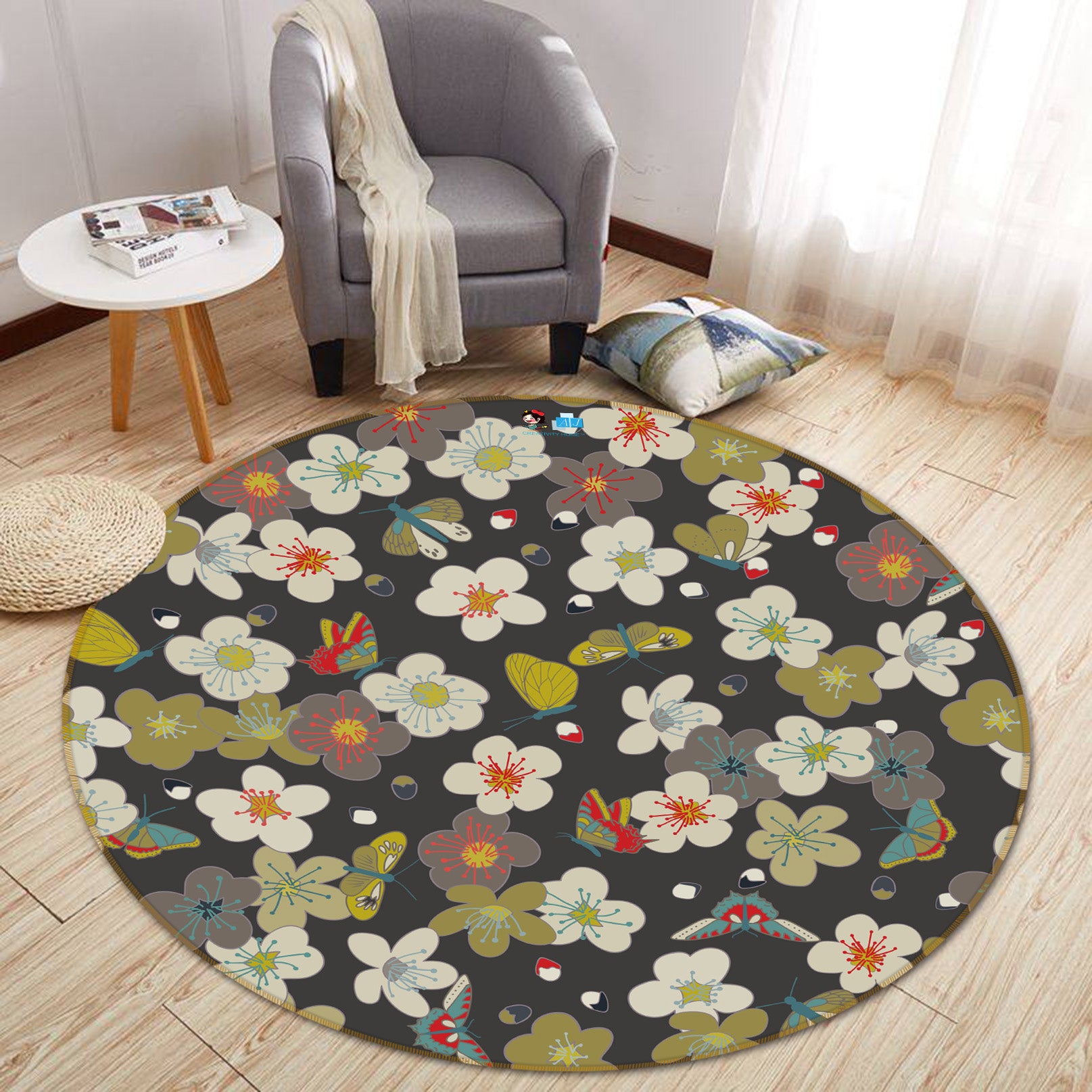 3D Small Flower Pattern 64180 Round Non Slip Rug Mat