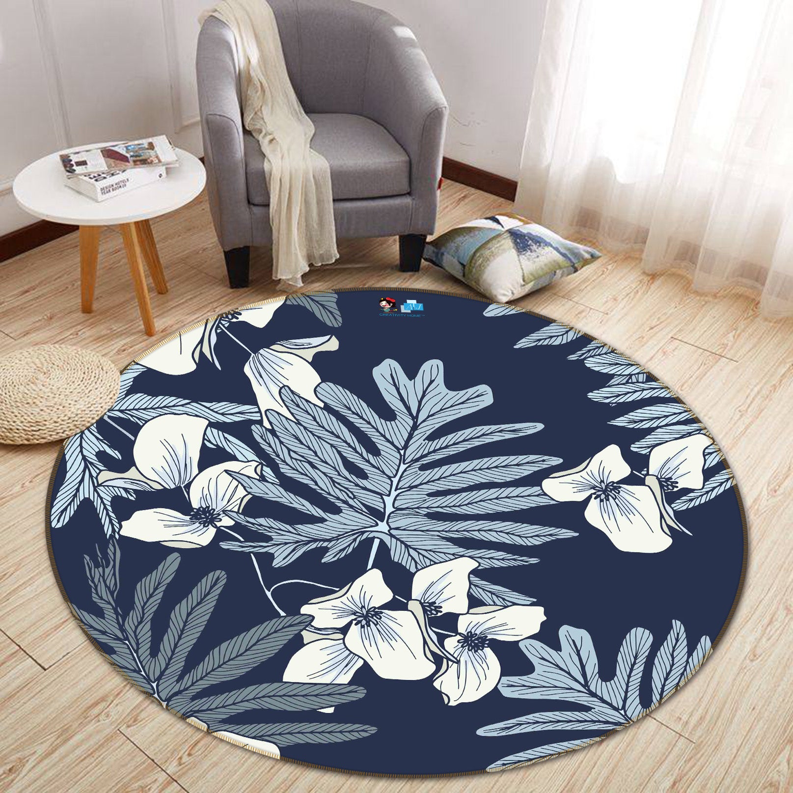 3D Leaves Flowers 64158 Round Non Slip Rug Mat