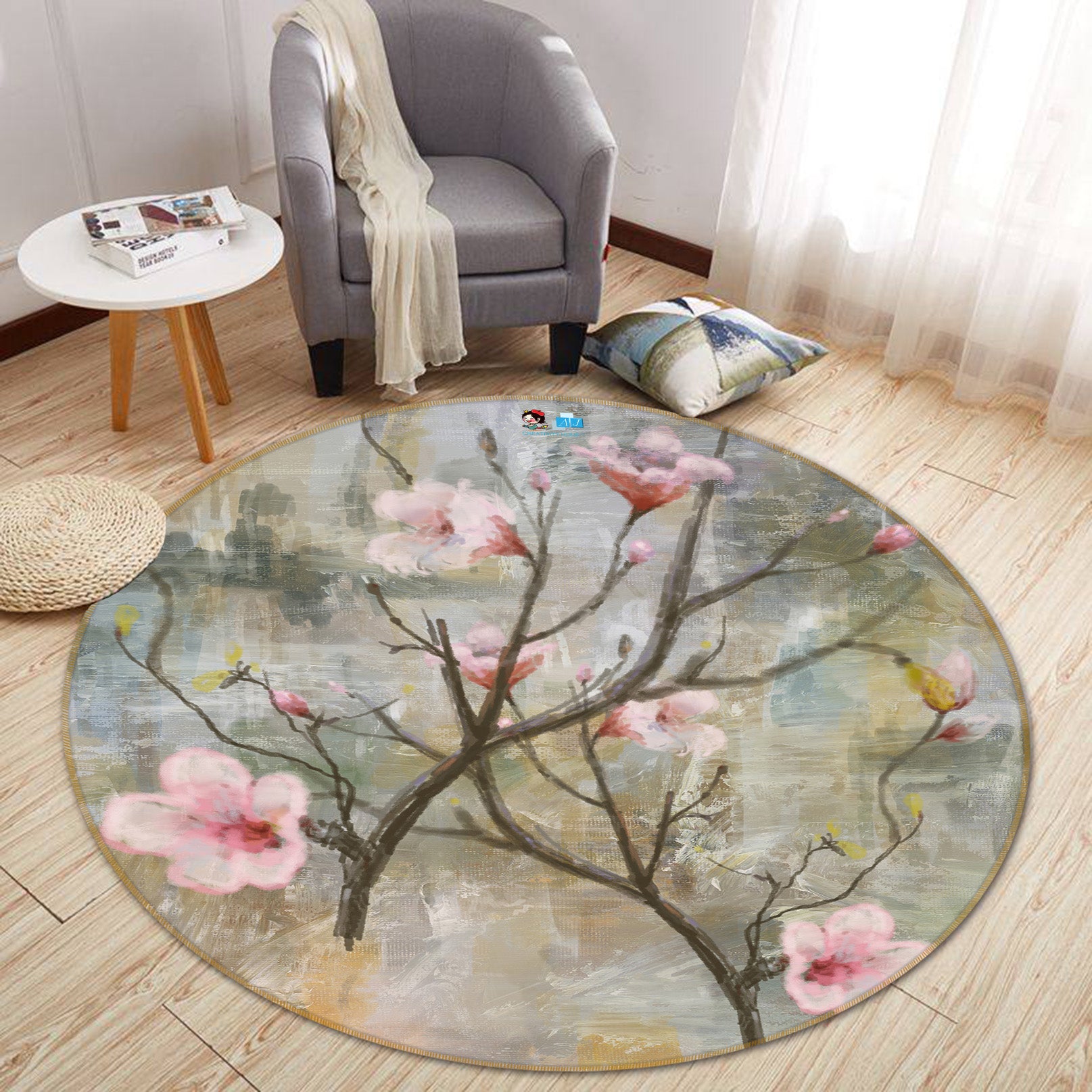 3D Peach Blossom Branch 71250 Round Non Slip Rug Mat