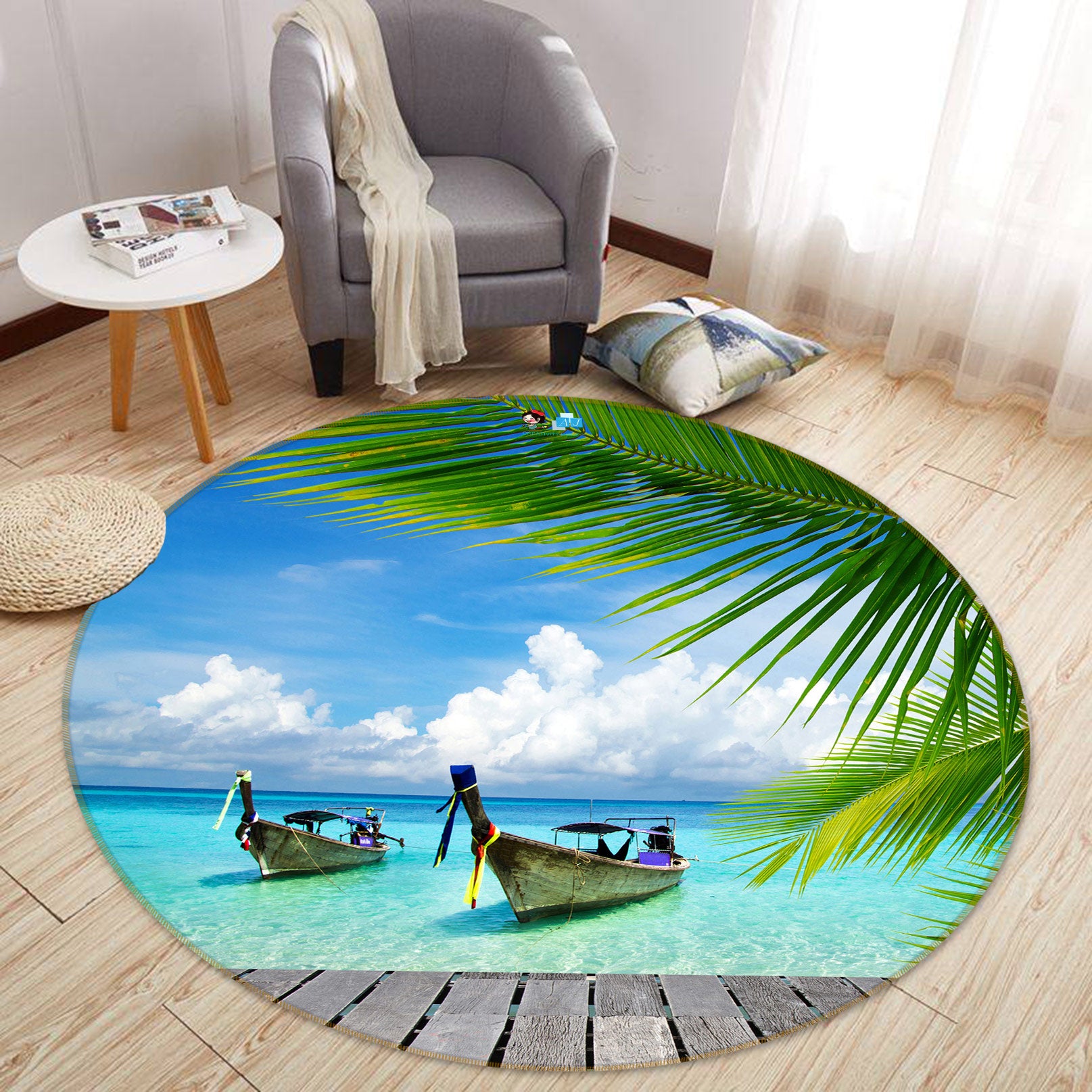 3D Ferry Coconut Tree 72251 Round Non Slip Rug Mat
