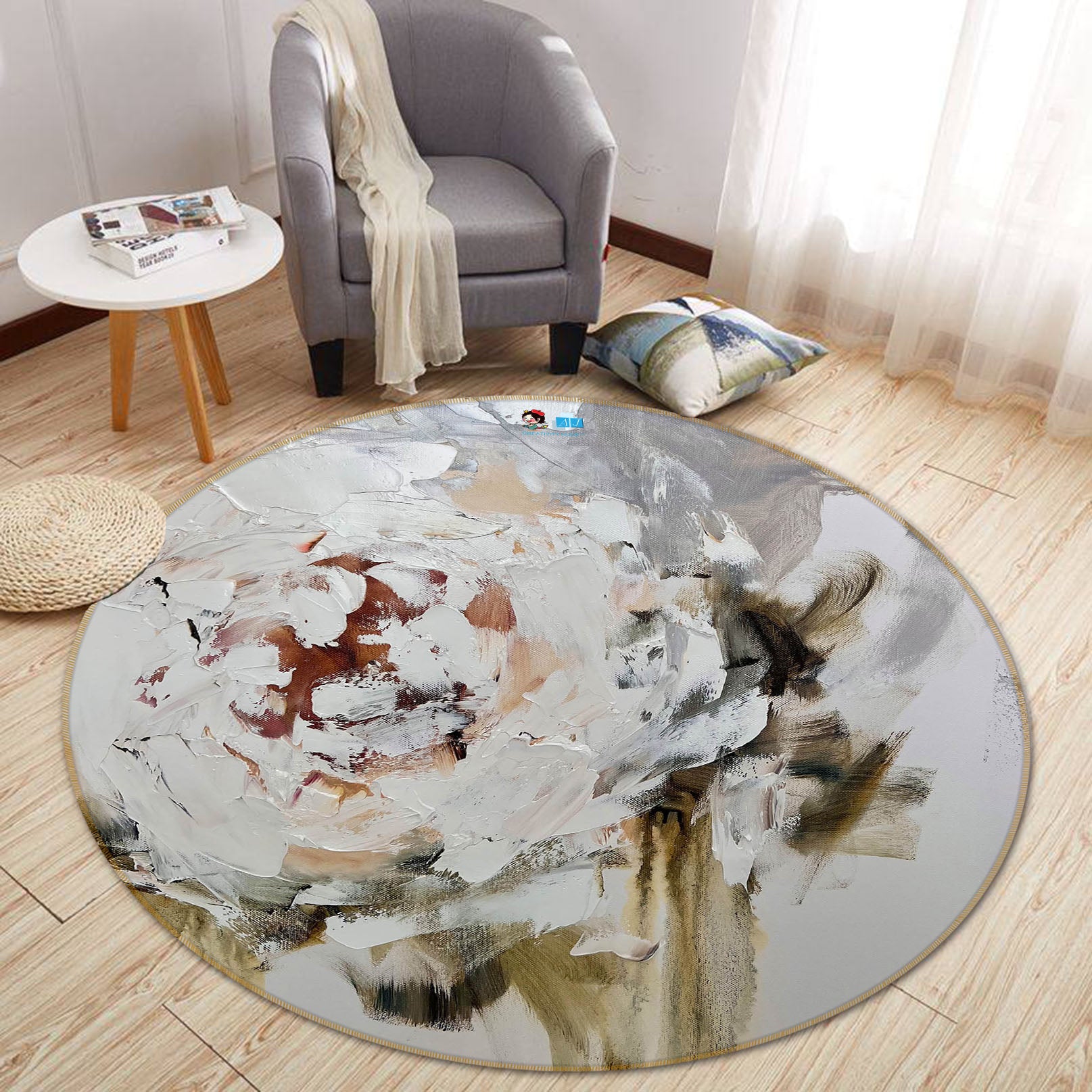 3D White Flower 3906 Skromova Marina Rug Round Non Slip Rug Mat
