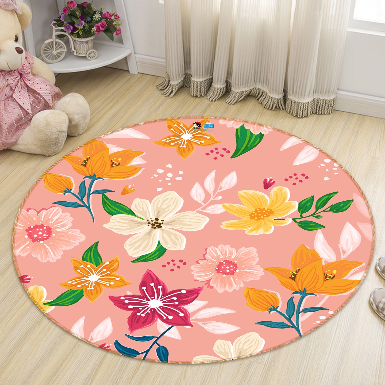 3D Flowers Pattern 71274 Round Non Slip Rug Mat