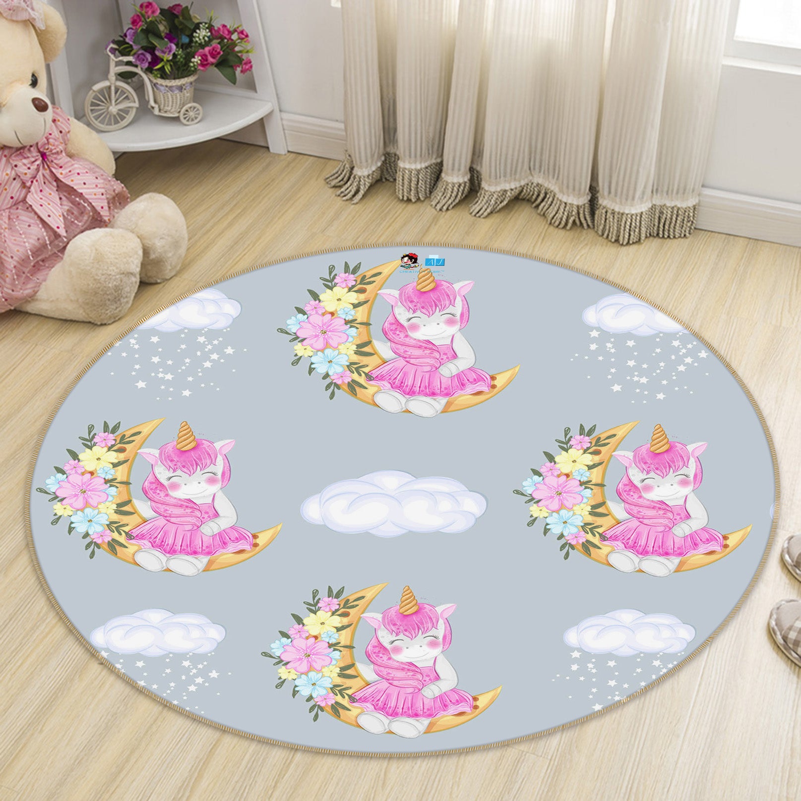 3D Flower Moon Unicorn 75078 Round Non Slip Rug Mat