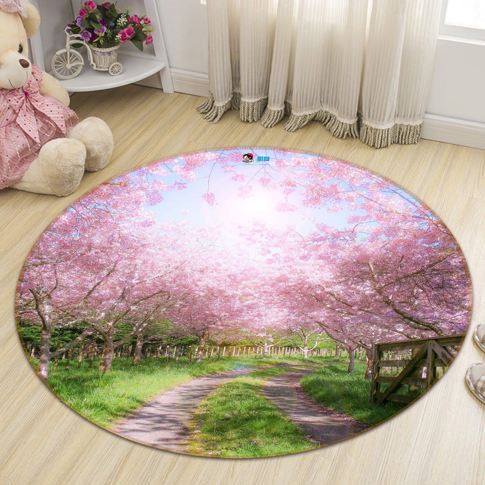 3D Cherry Blossom Forest 66193 Round Non Slip Rug Mat