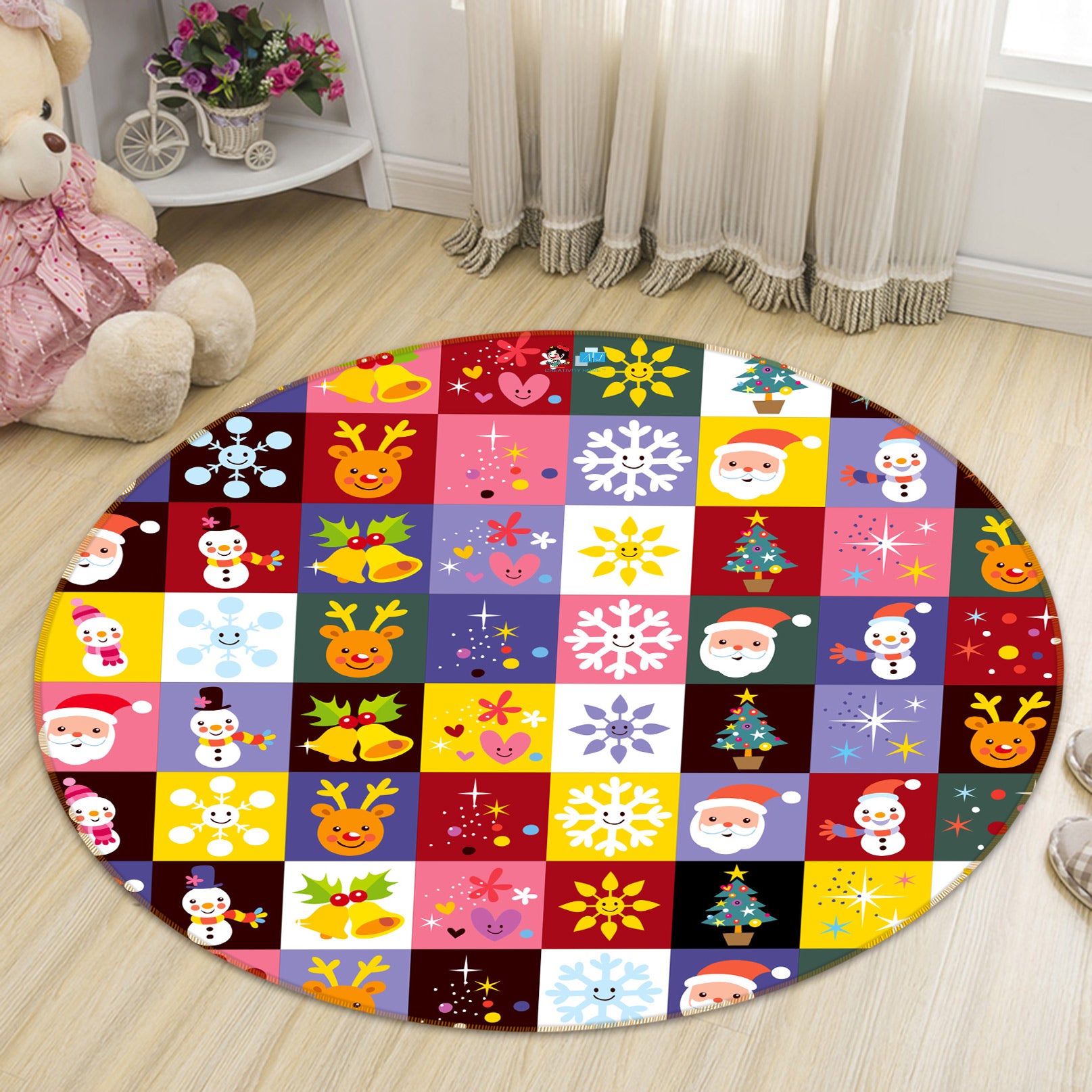 3D Colored Square Snowflake Bell 54001 Christmas Round Non Slip Rug Mat Xmas