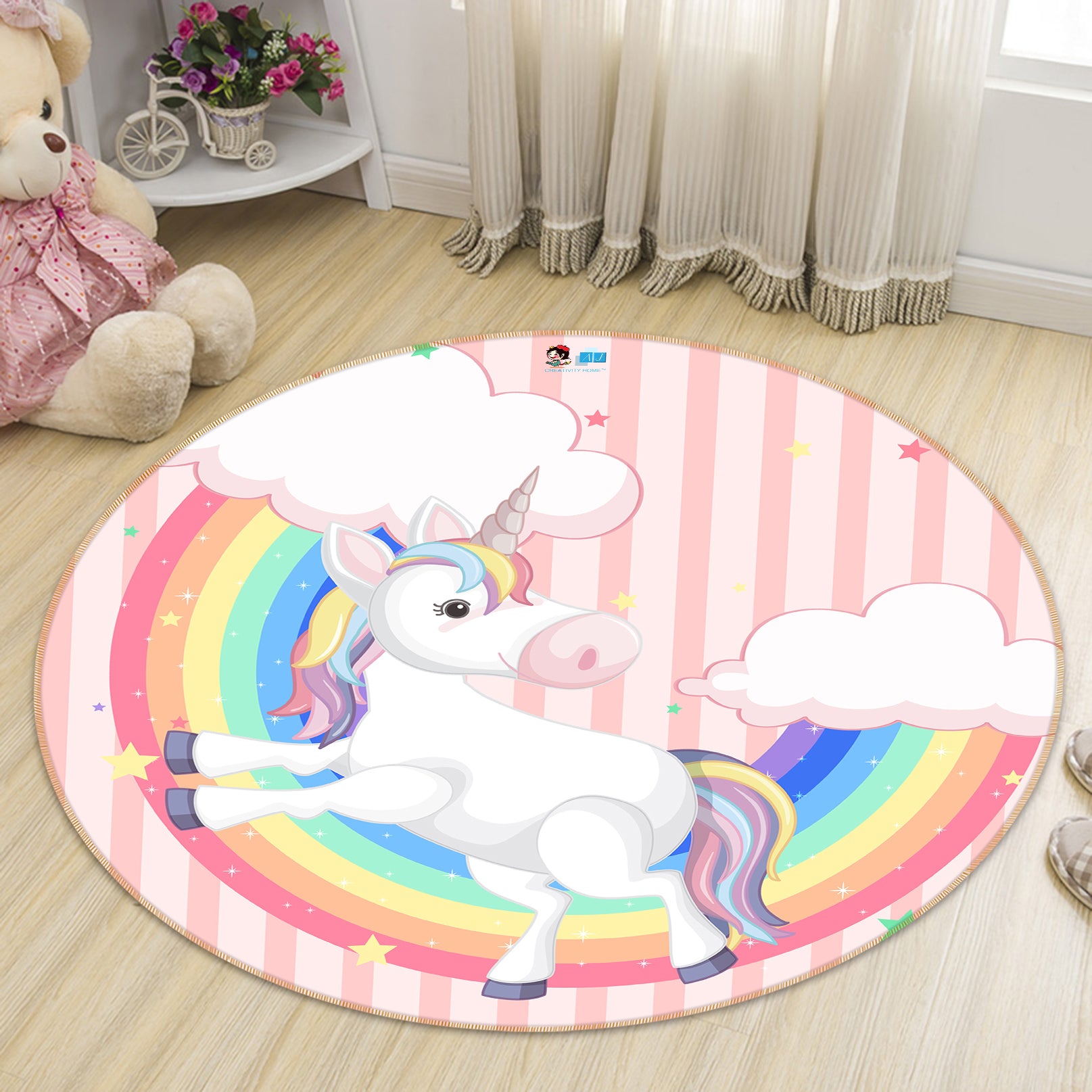 3D Rainbow Unicorn 81064 Round Non Slip Rug Mat