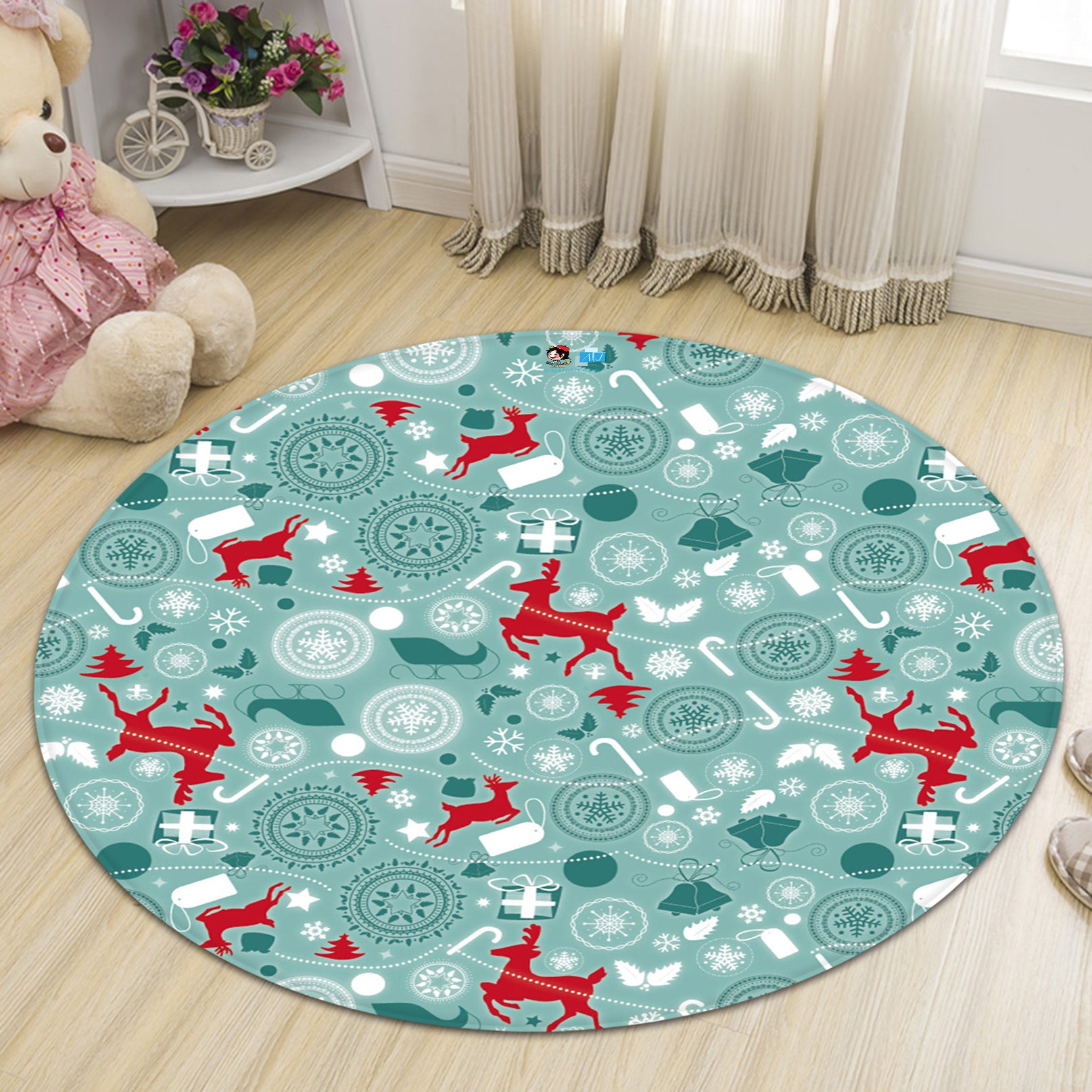 3D Deer Pattern 66017 Christmas Round Non Slip Rug Mat Xmas