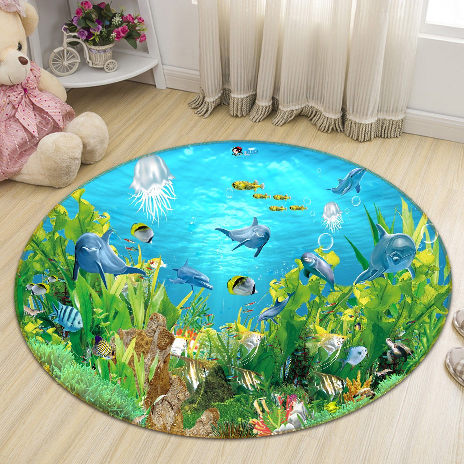 3D Dolphin Jellyfish 034 Round Non Slip Rug Mat Mat AJ Creativity Home 