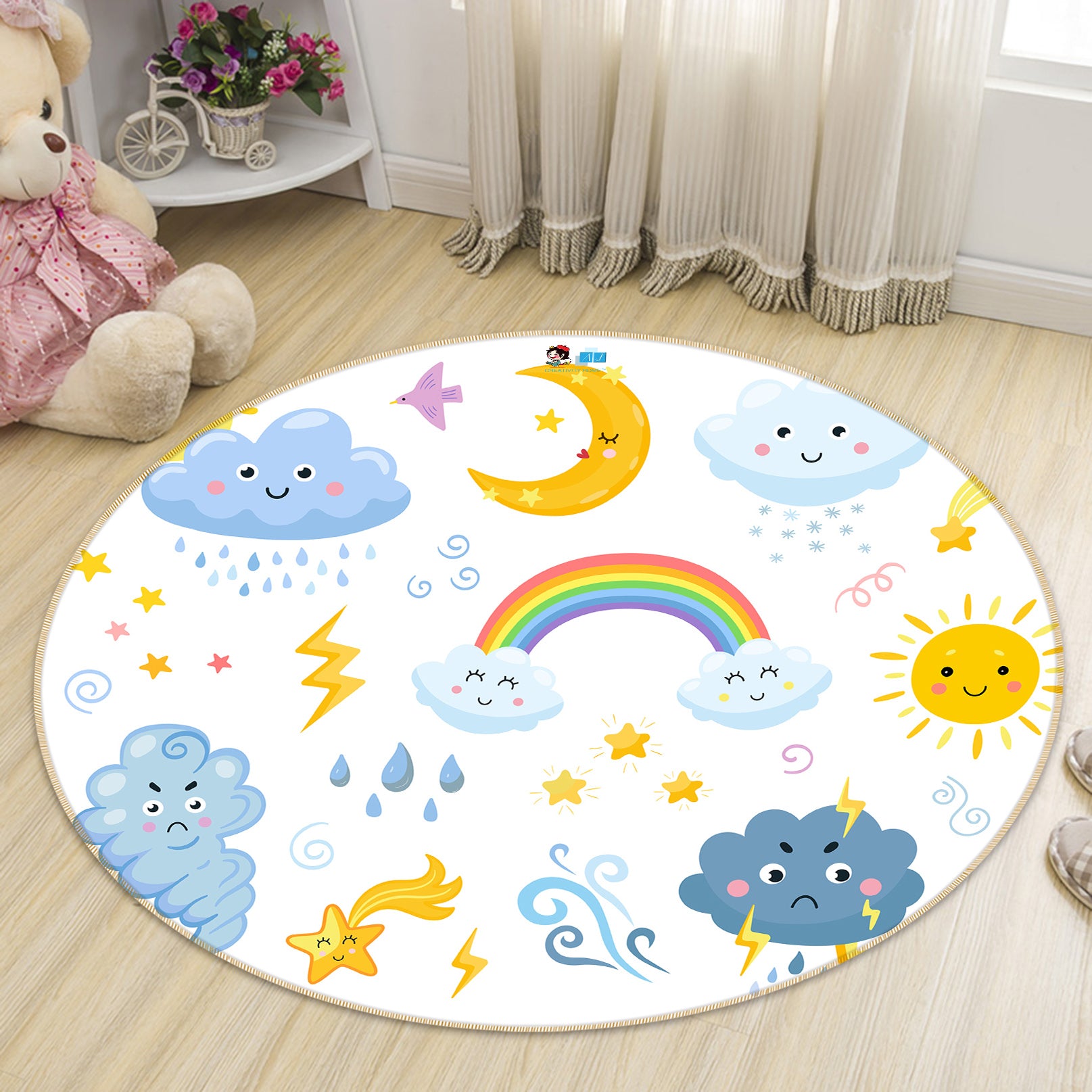 3D Clouds Rainbow Moon Sun 81147 Round Non Slip Rug Mat