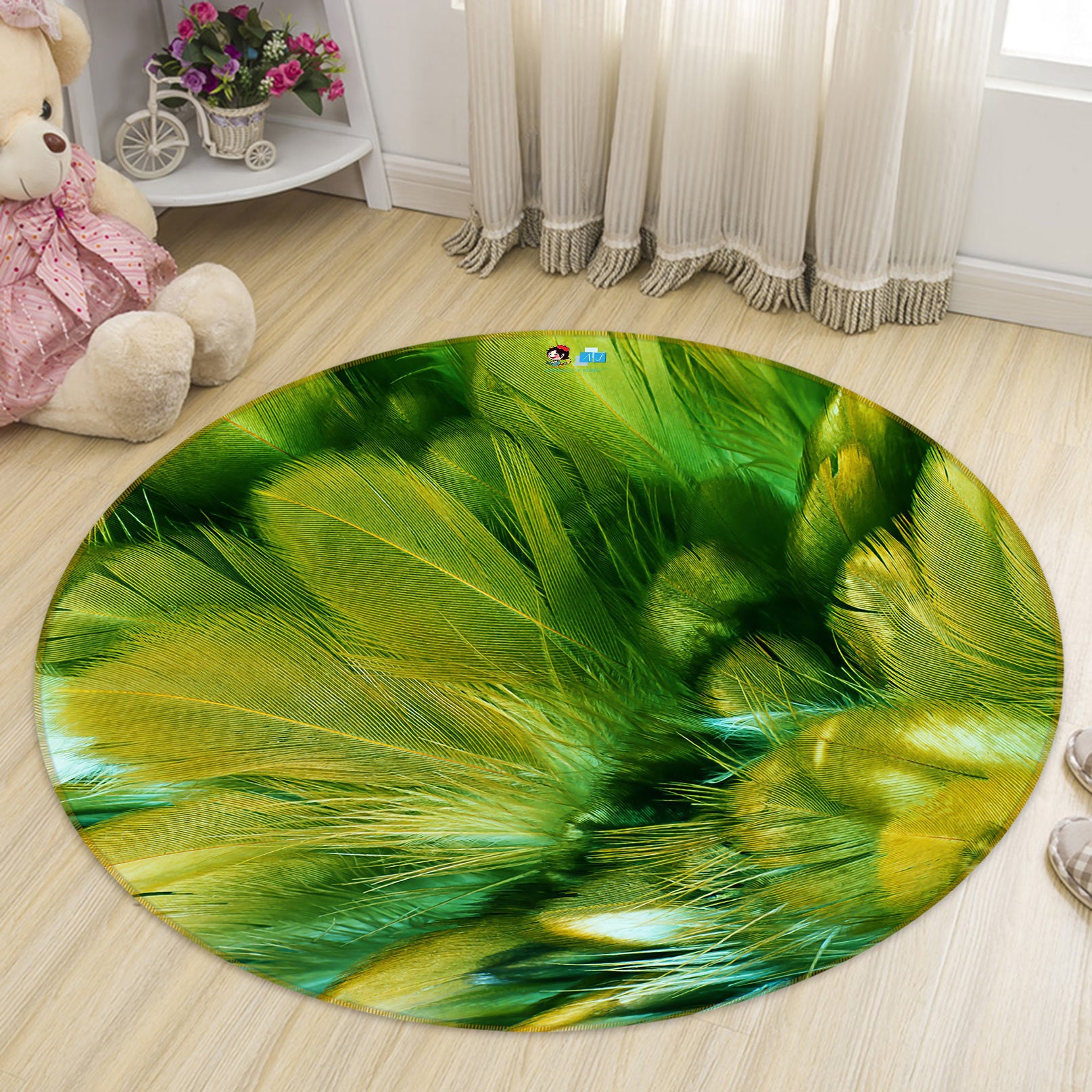 3D Green Feather 81163 Round Non Slip Rug Mat