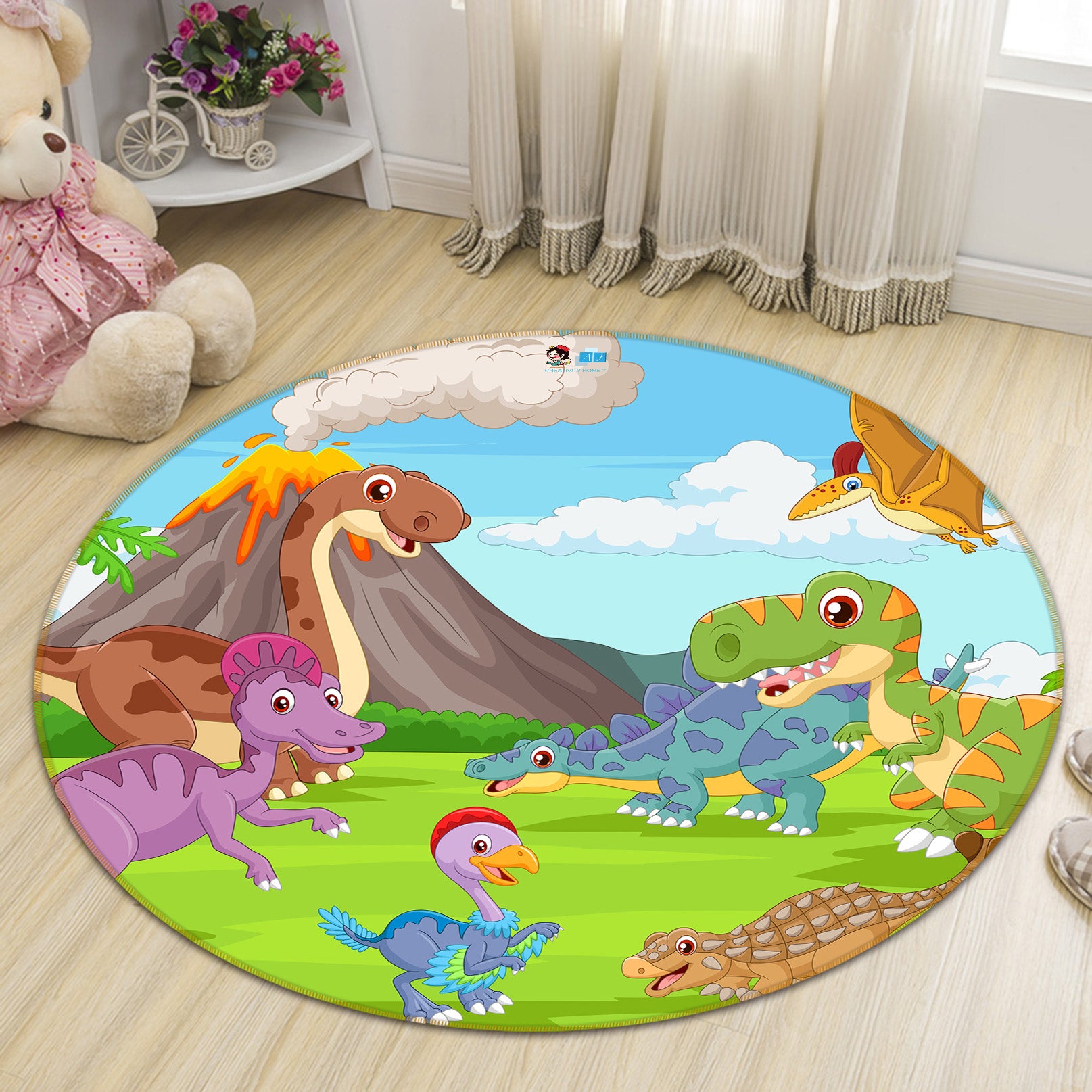 3D Cartoon Dinosaur 81040 Round Non Slip Rug Mat