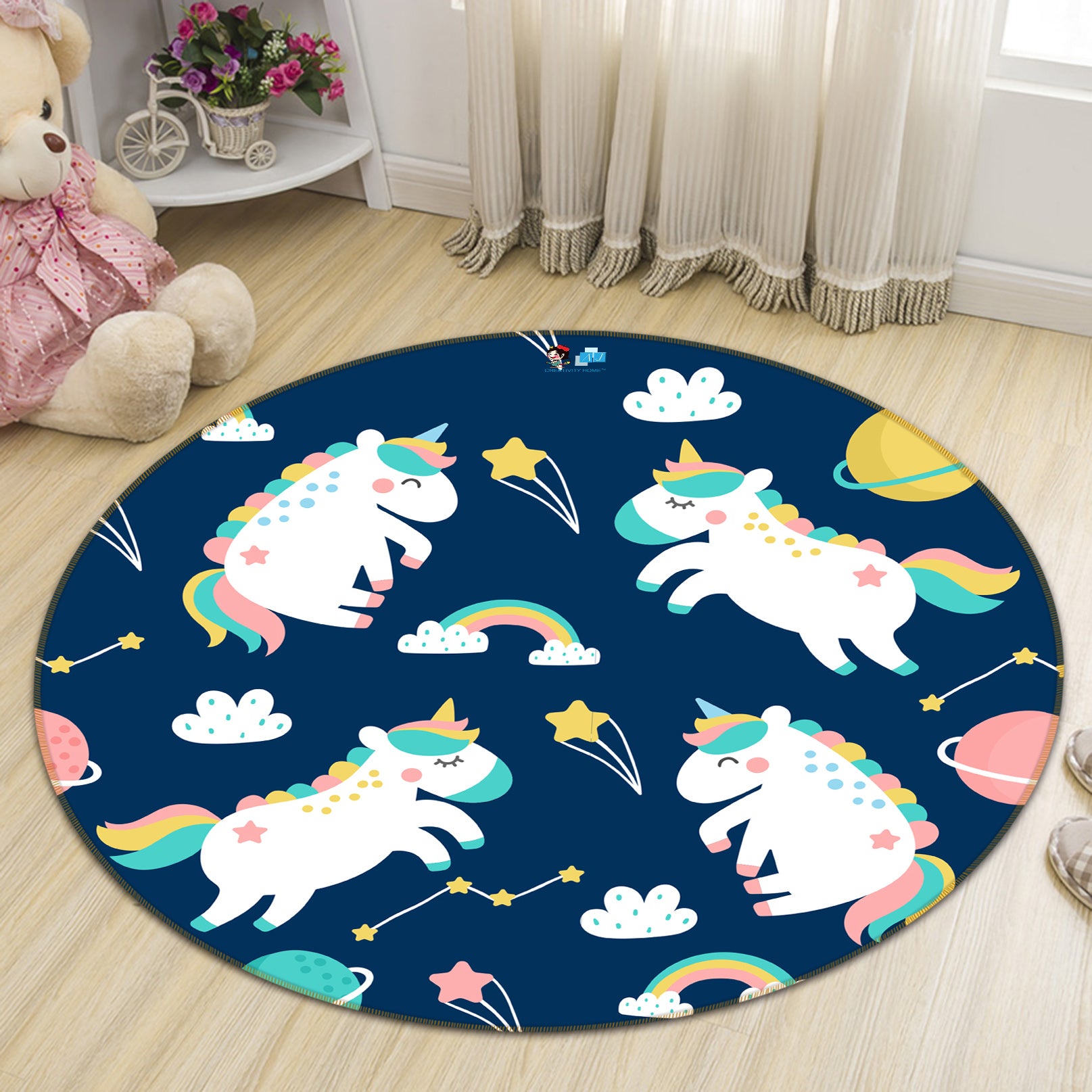 3D Black Background Unicorn Pattern 81125 Round Non Slip Rug Mat