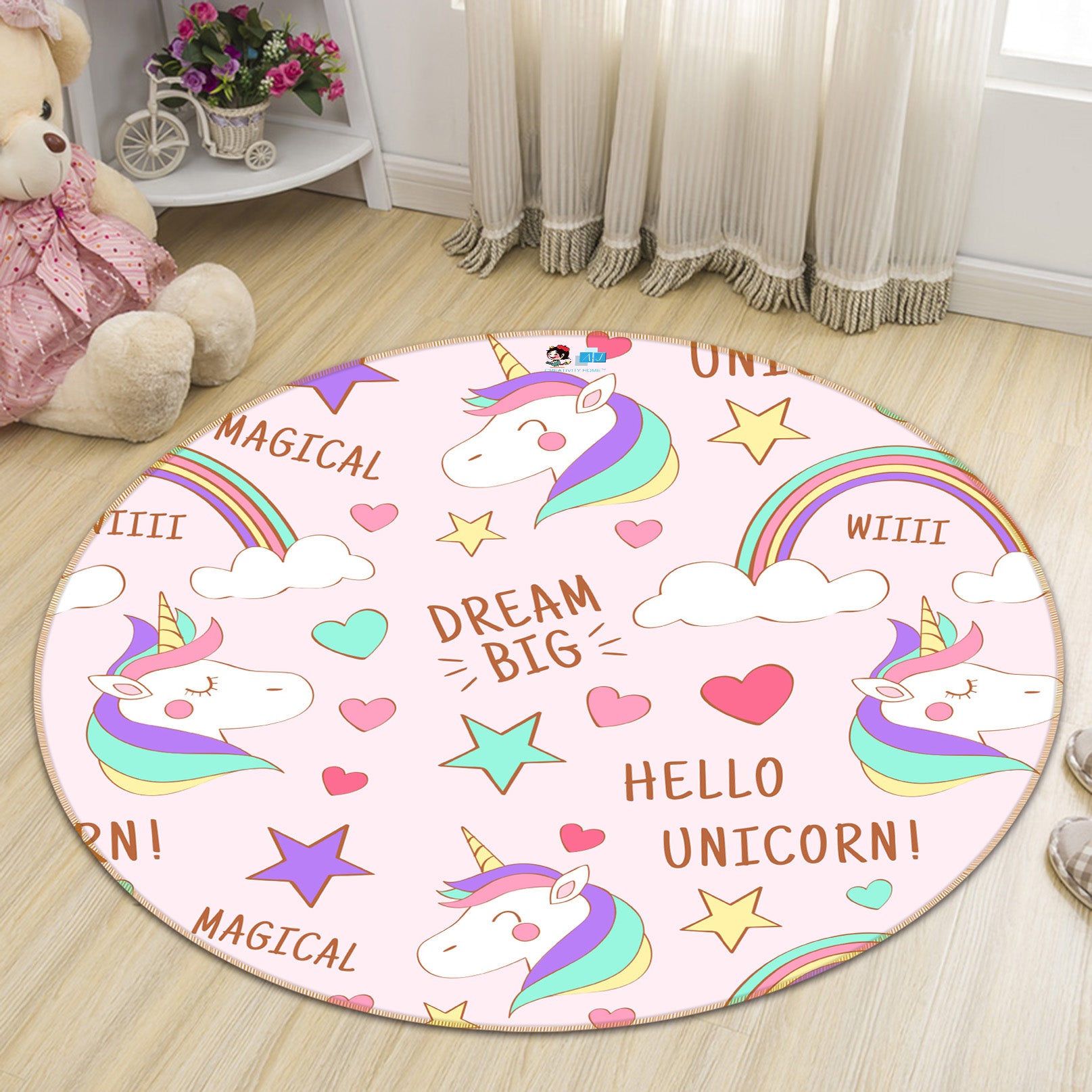 3D Color Unicorn Pattern 81072 Round Non Slip Rug Mat