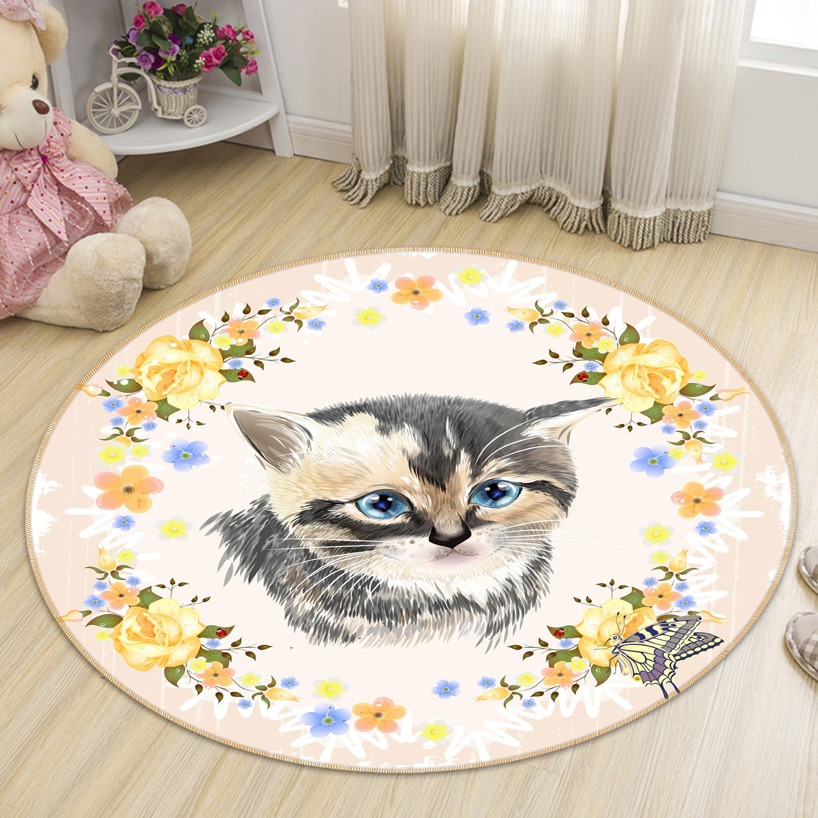 3D Cat Yellow Flower 29046 Round Non Slip Rug Mat