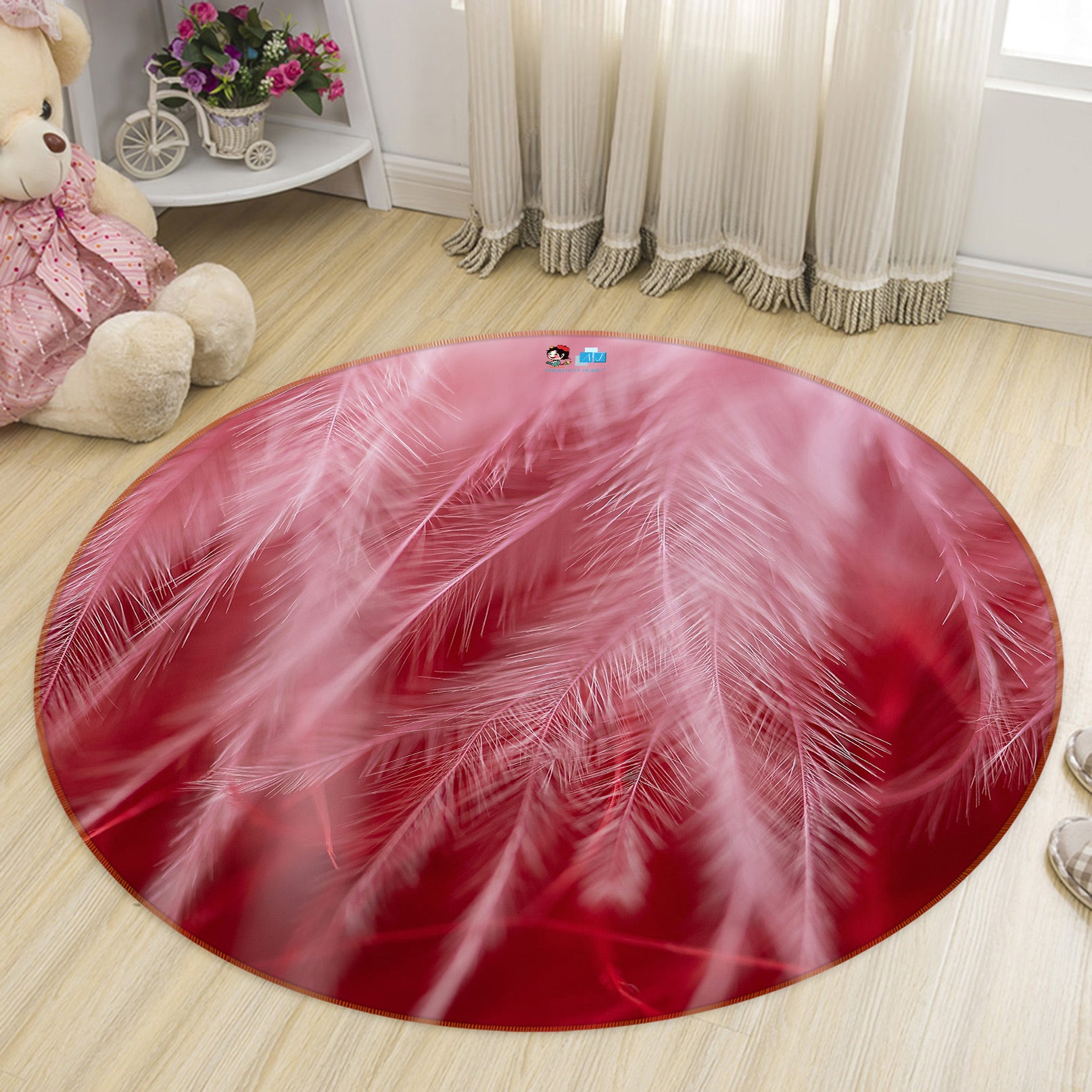 3D Red Feather 81200 Round Non Slip Rug Mat