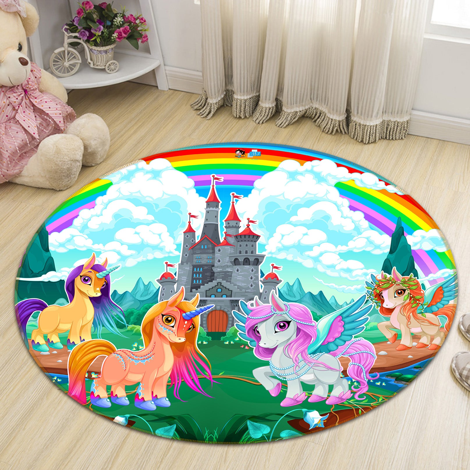 3D Cartoon Colorful Unicorn Castle 81047 Round Non Slip Rug Mat