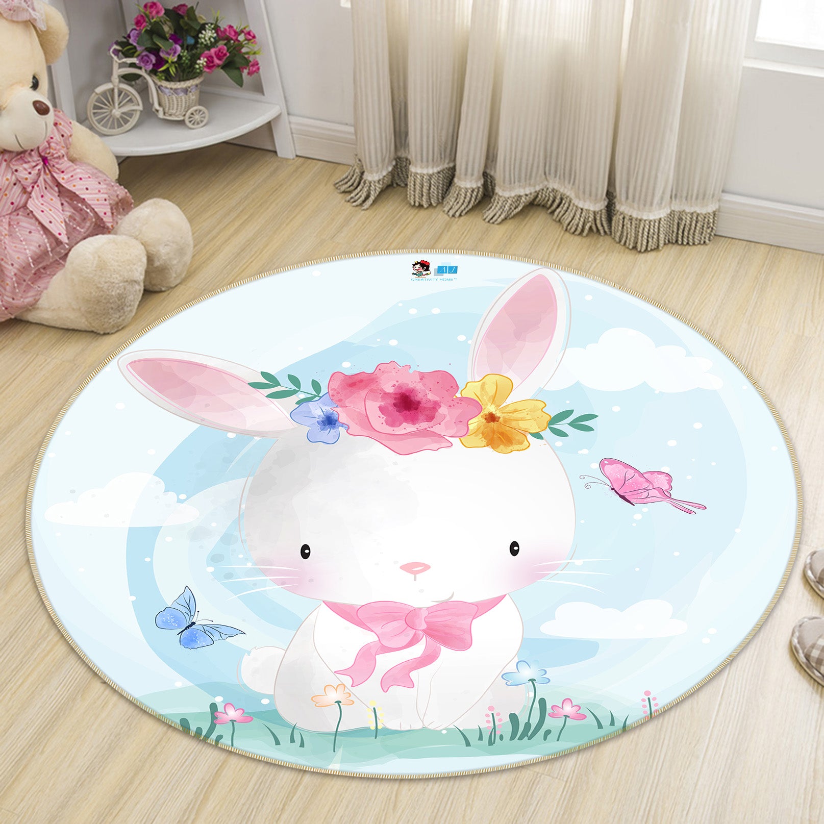 3D Flower Bunny 75012 Round Non Slip Rug Mat