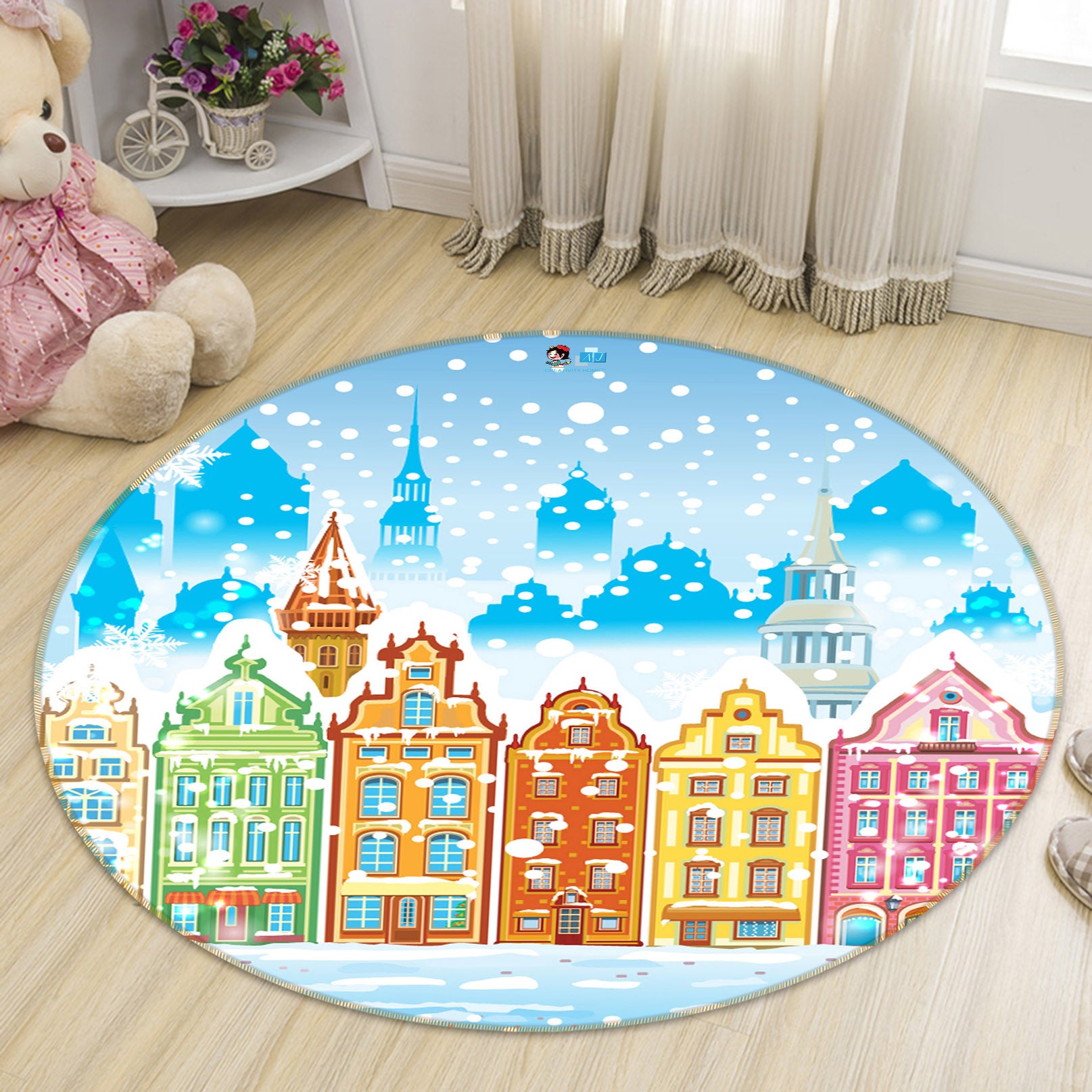 3D Snow Colored Houses 54139 Christmas Round Non Slip Rug Mat Xmas