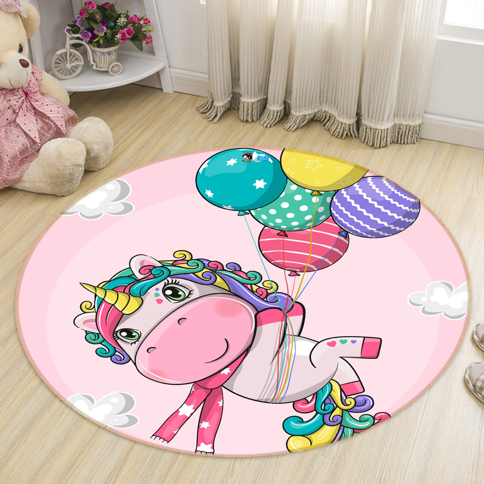 3D Colorful Unicorn Balloons 74286 Round Non Slip Rug Mat