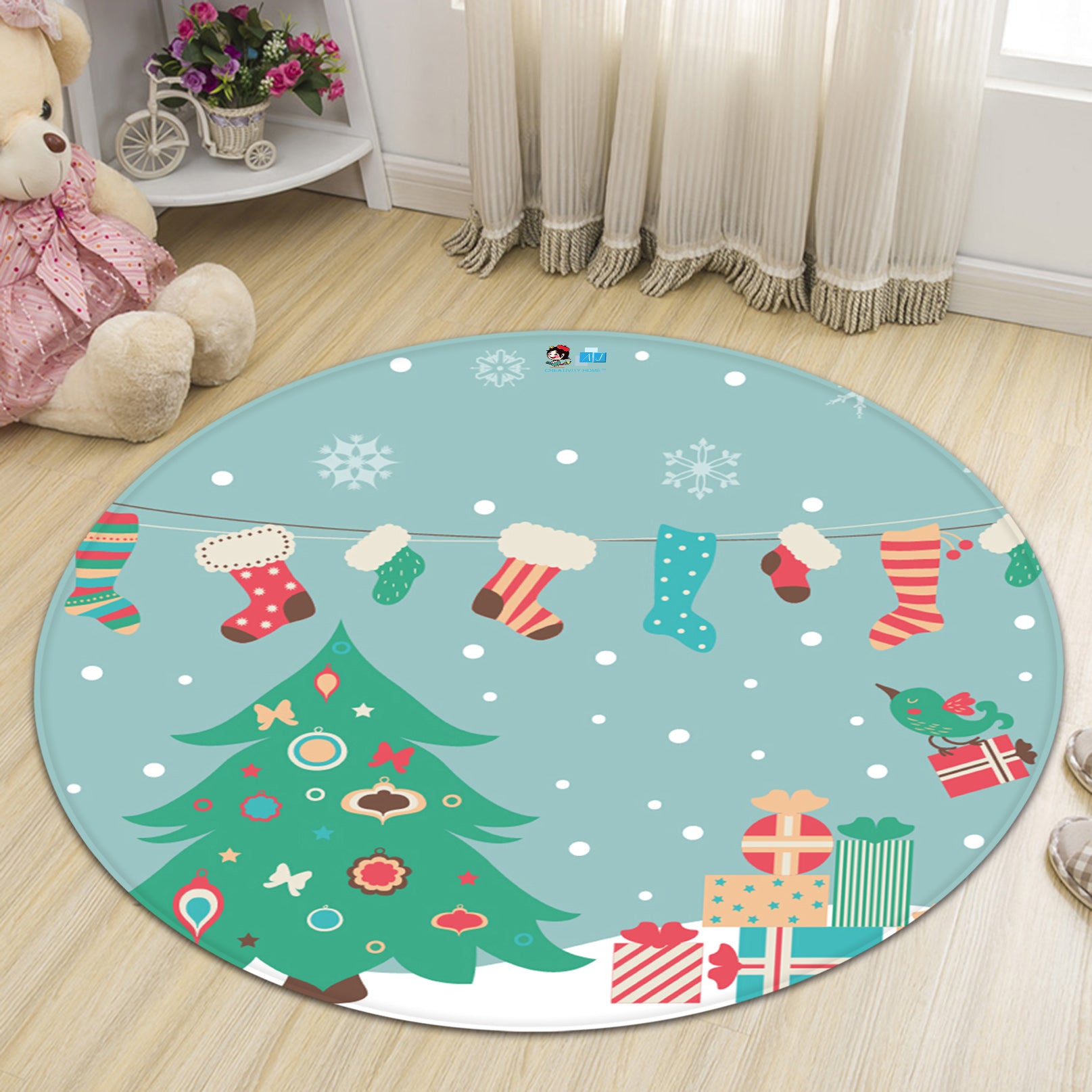 3D Snowfield Tree Sock 66001 Christmas Round Non Slip Rug Mat Xmas
