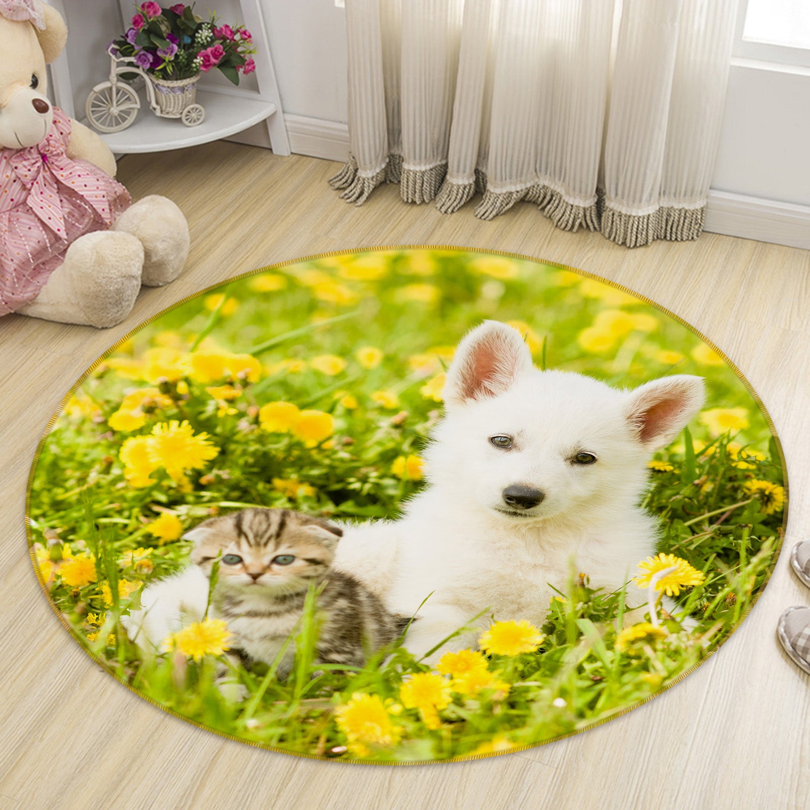 3D White Dog Kitten 29079 Round Non Slip Rug Mat