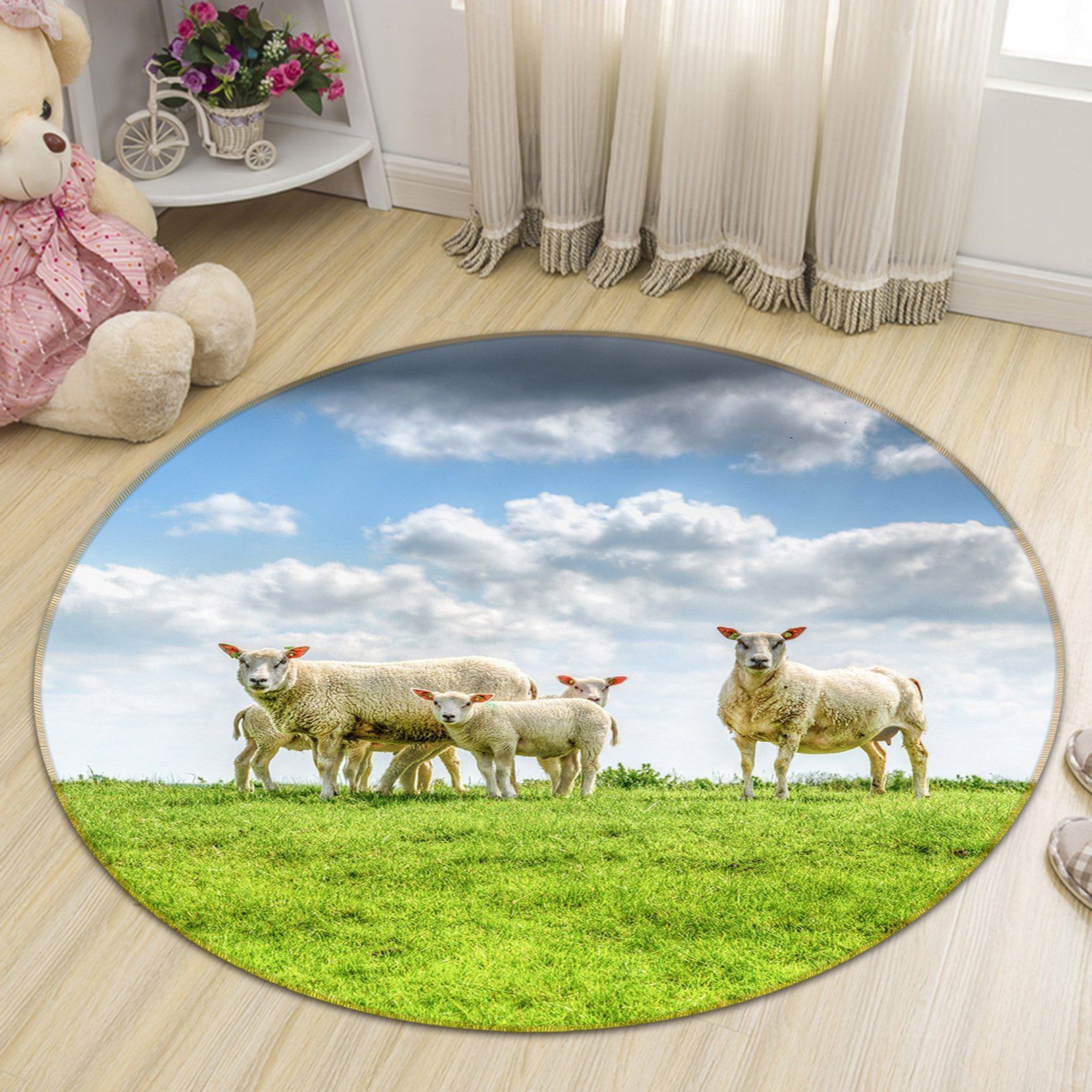 3D Little Sheep Grazing 092 Animal Round Non Slip Rug Mat Mat AJ Creativity Home 