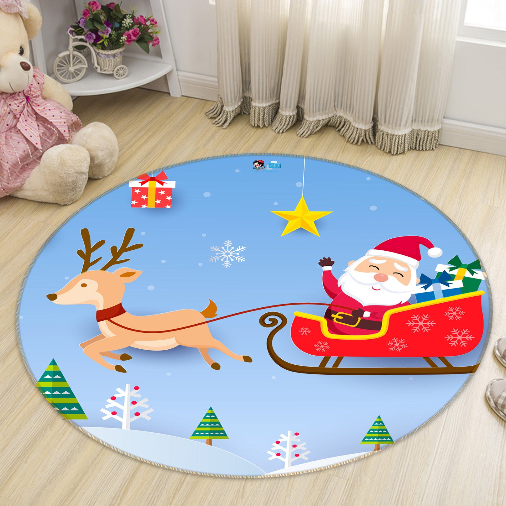 3D Cartoon Sleigh Santa 81025 Round Non Slip Rug Mat