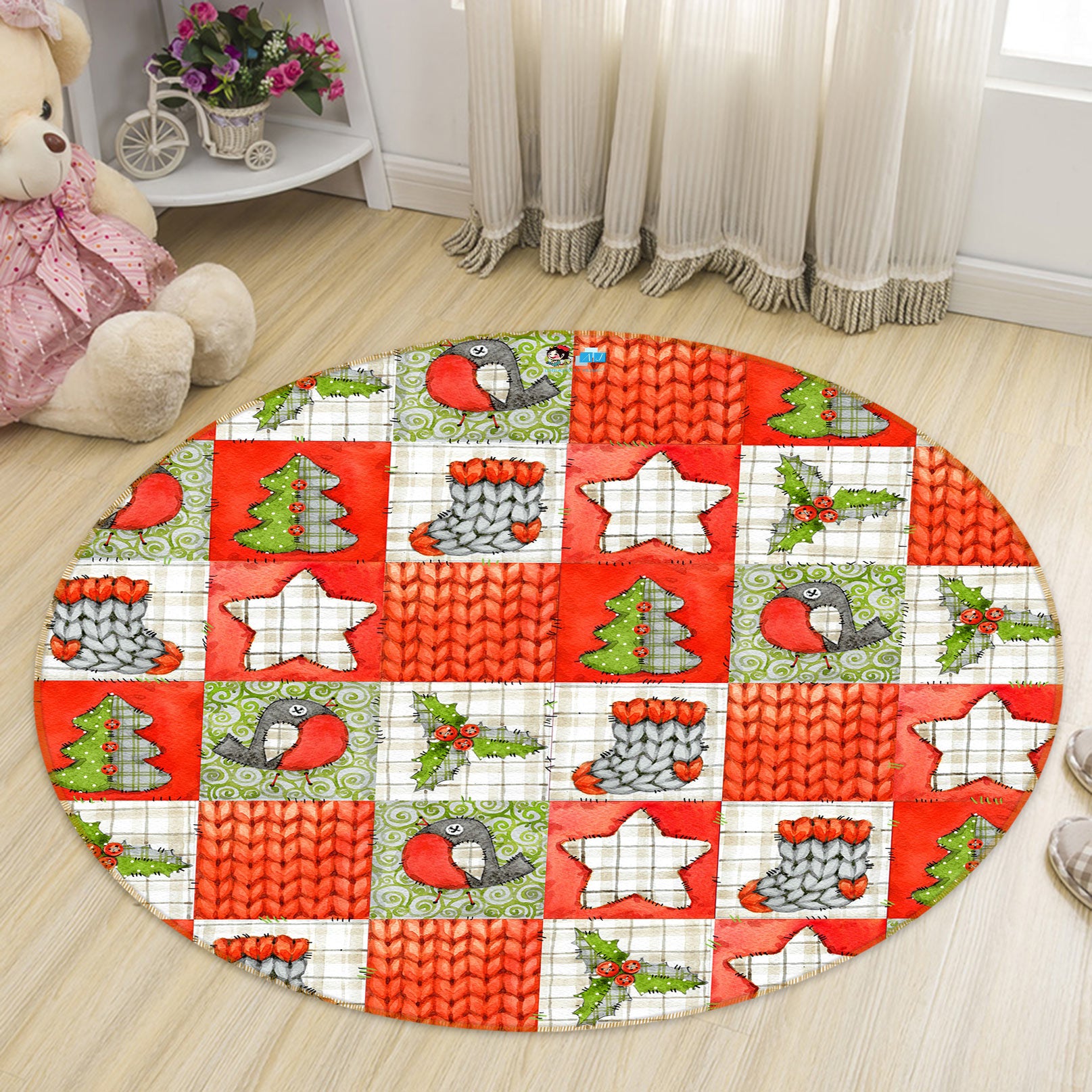 3D Socks Tree Star Lattice 54033 Christmas Round Non Slip Rug Mat Xmas