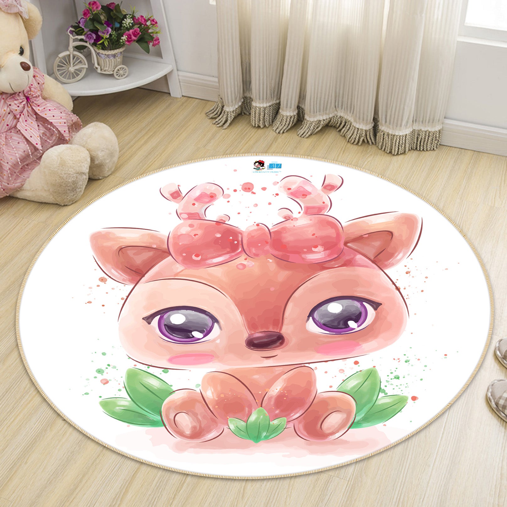 3D Cute Cartoon Deer 74288 Round Non Slip Rug Mat