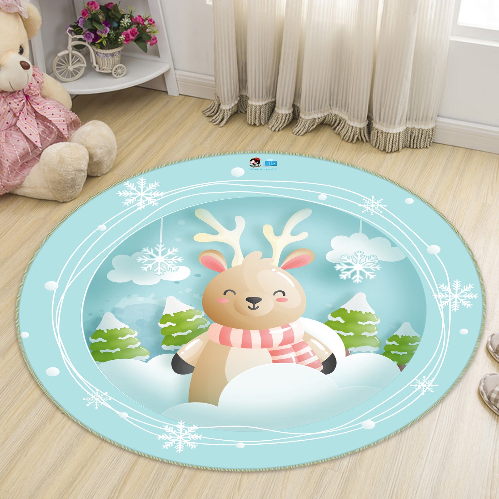 3D Snow Deer 74240 Round Non Slip Rug Mat