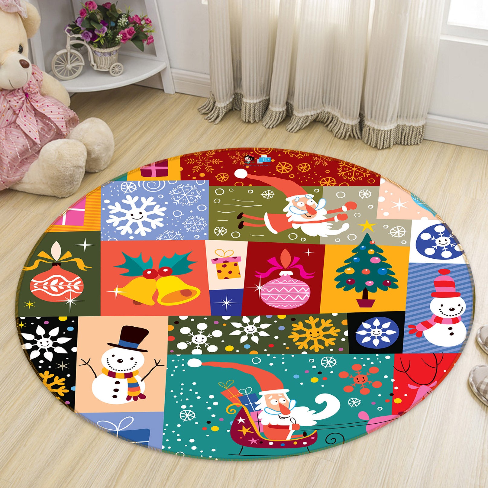 3D Colored Square Santa Snowflake 54007 Christmas Round Non Slip Rug Mat Xmas