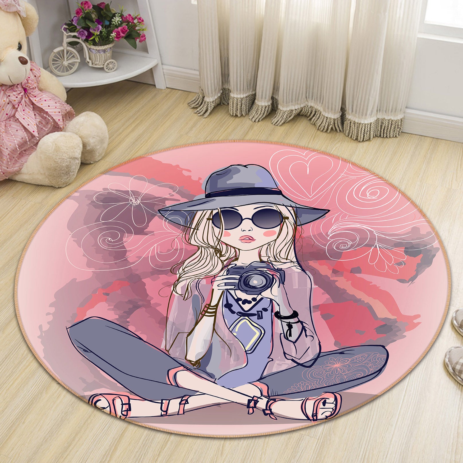 3D Camera Girl 29029 Round Non Slip Rug Mat