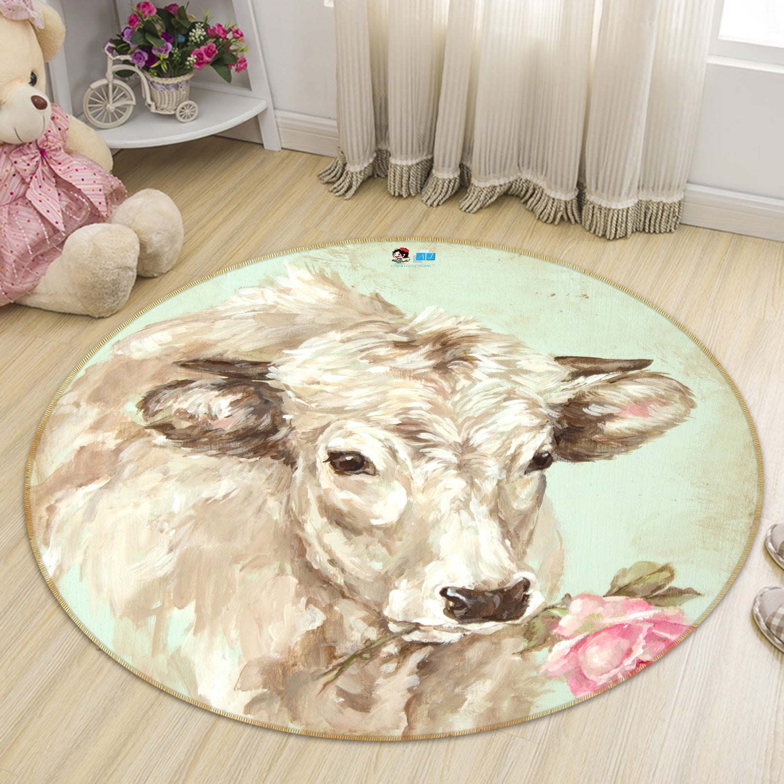 3D Cow With Flower 1149 Debi Coules Rug Round Non Slip Rug Mat
