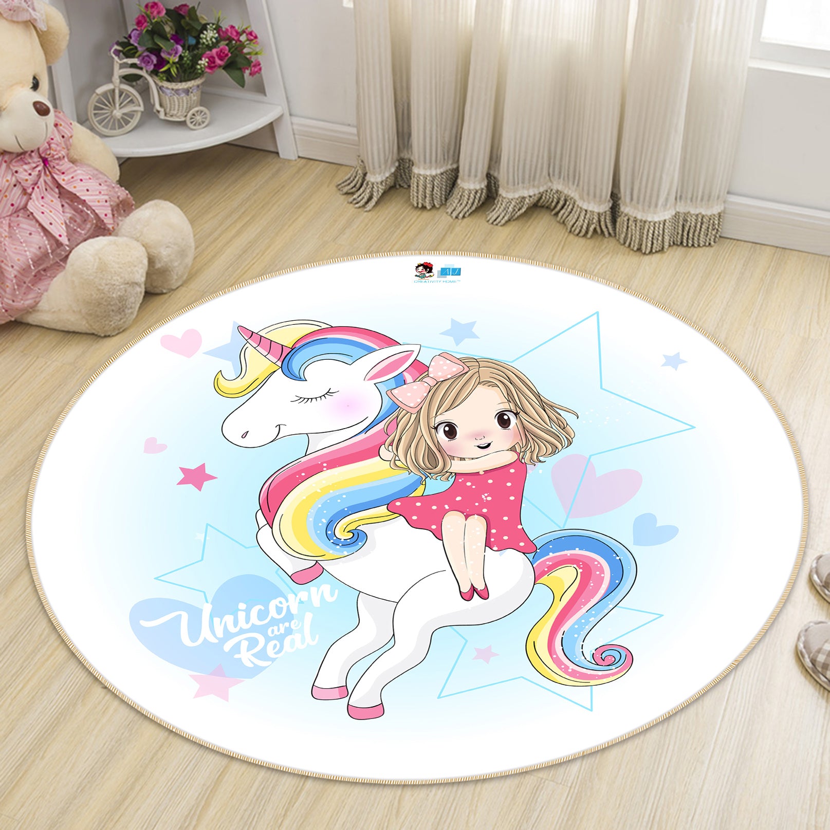 3D Color Unicorn Girl 74218 Round Non Slip Rug Mat