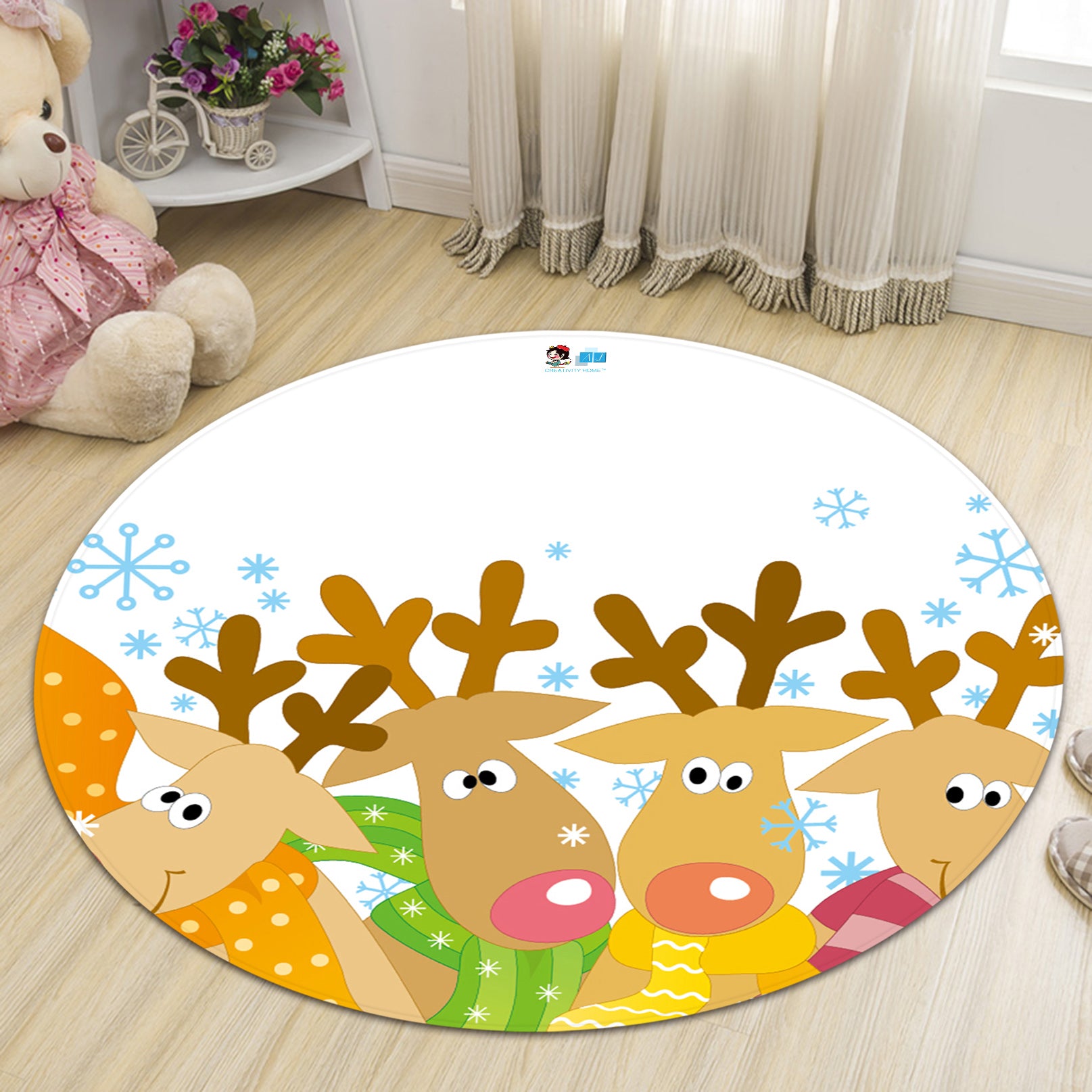 3D Cartoon Deer 65222 Christmas Round Non Slip Rug Mat Xmas