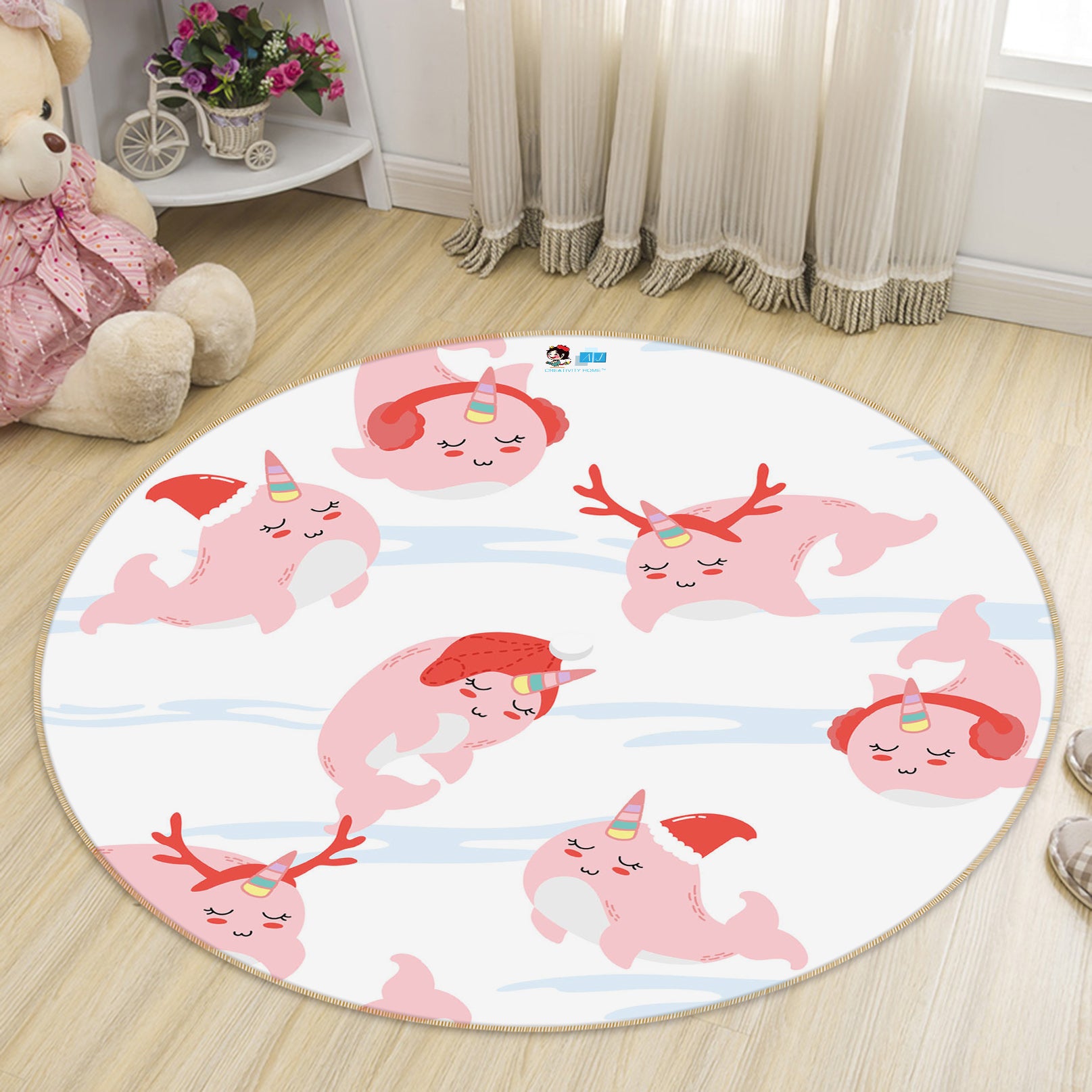 3D Pink Whale 75046 Round Non Slip Rug Mat