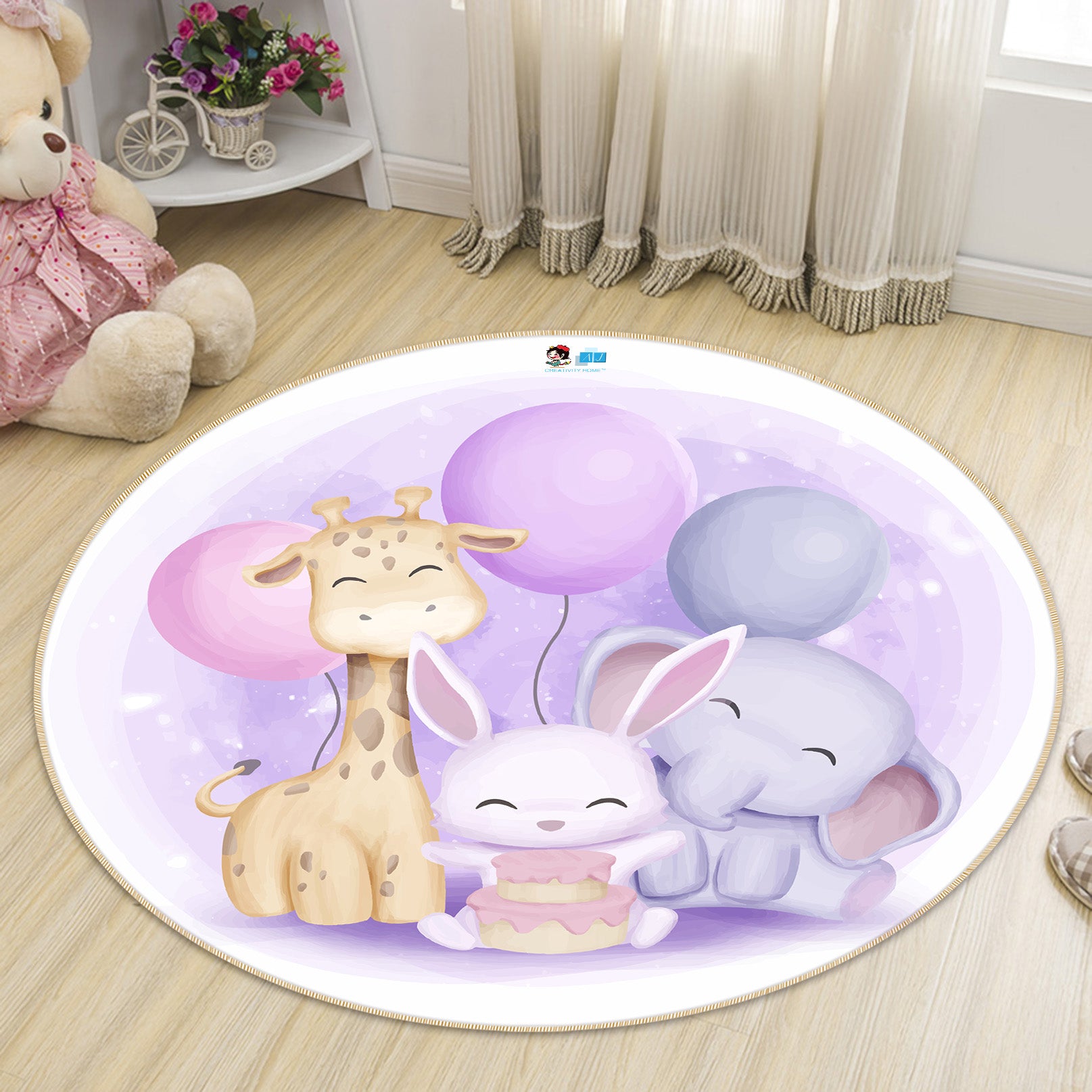 3D Balloon Giraffe Rabbit Elephant 74293 Round Non Slip Rug Mat