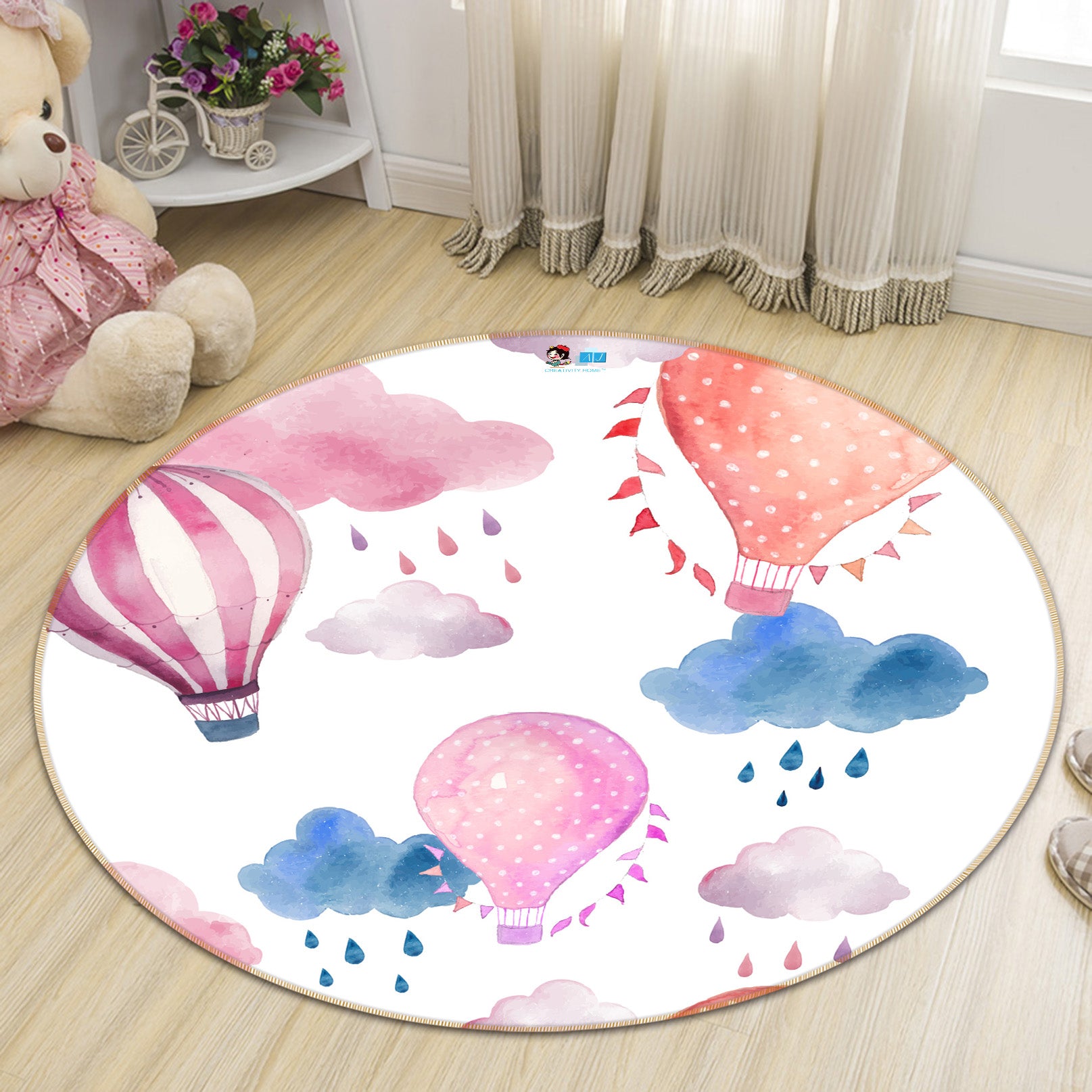 3D Hot Air Balloon Colorful Clouds 64127 Round Non Slip Rug Mat