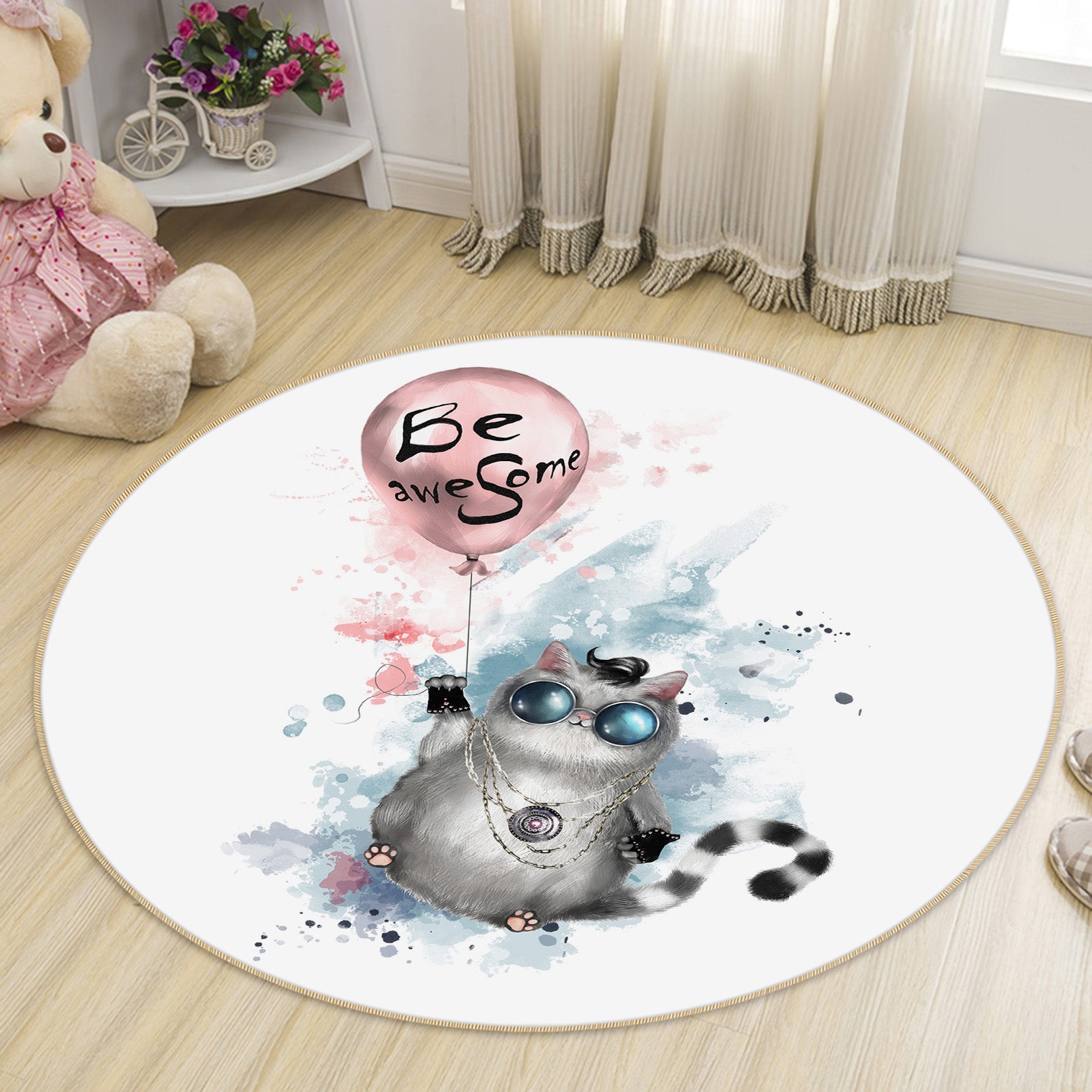3D Cat Balloon 29061 Round Non Slip Rug Mat