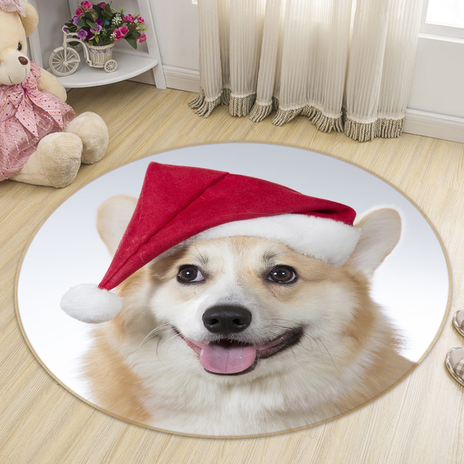 3D Christmas Hat Dog 29051 Round Non Slip Rug Mat
