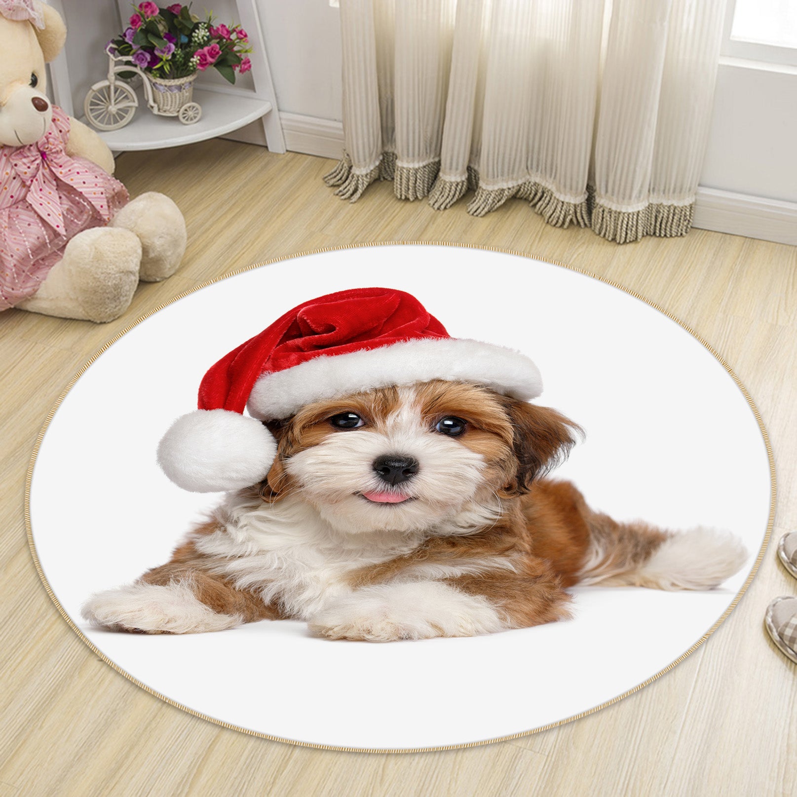 3D Christmas Hat Puppy 29096 Round Non Slip Rug Mat