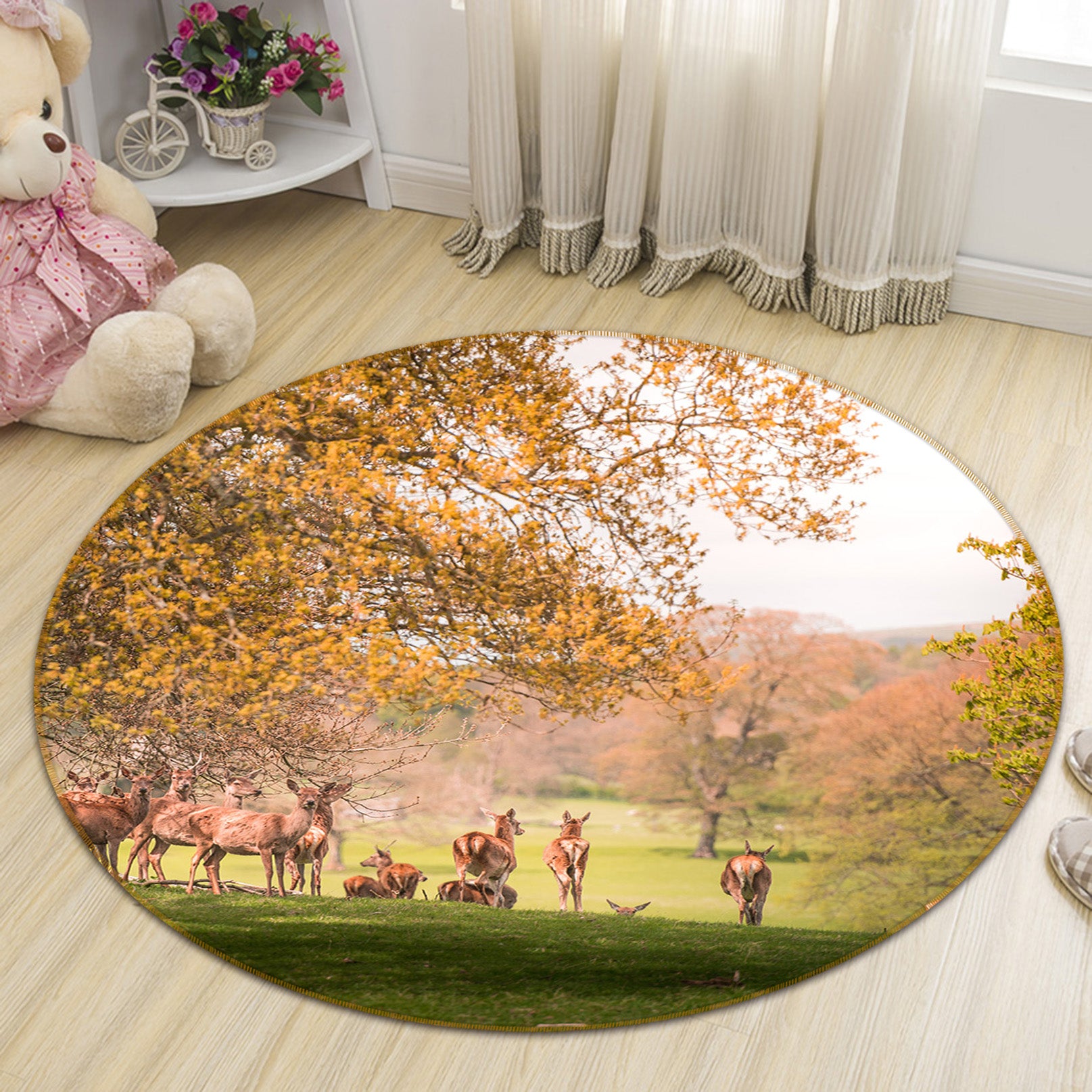 3D Wild Raindeer Coutry Park Autumn 82288 Animal Round Non Slip Rug Mat